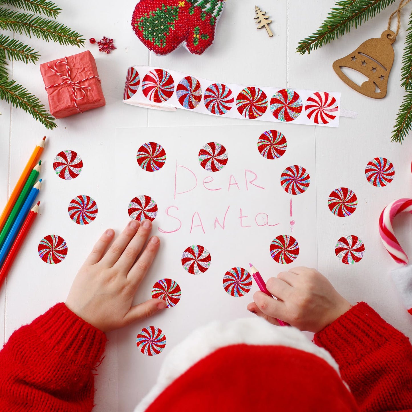 Whaline Christmas Candy Stickers Roll – Holographic Red Peppermint Seals, 500 Pcs