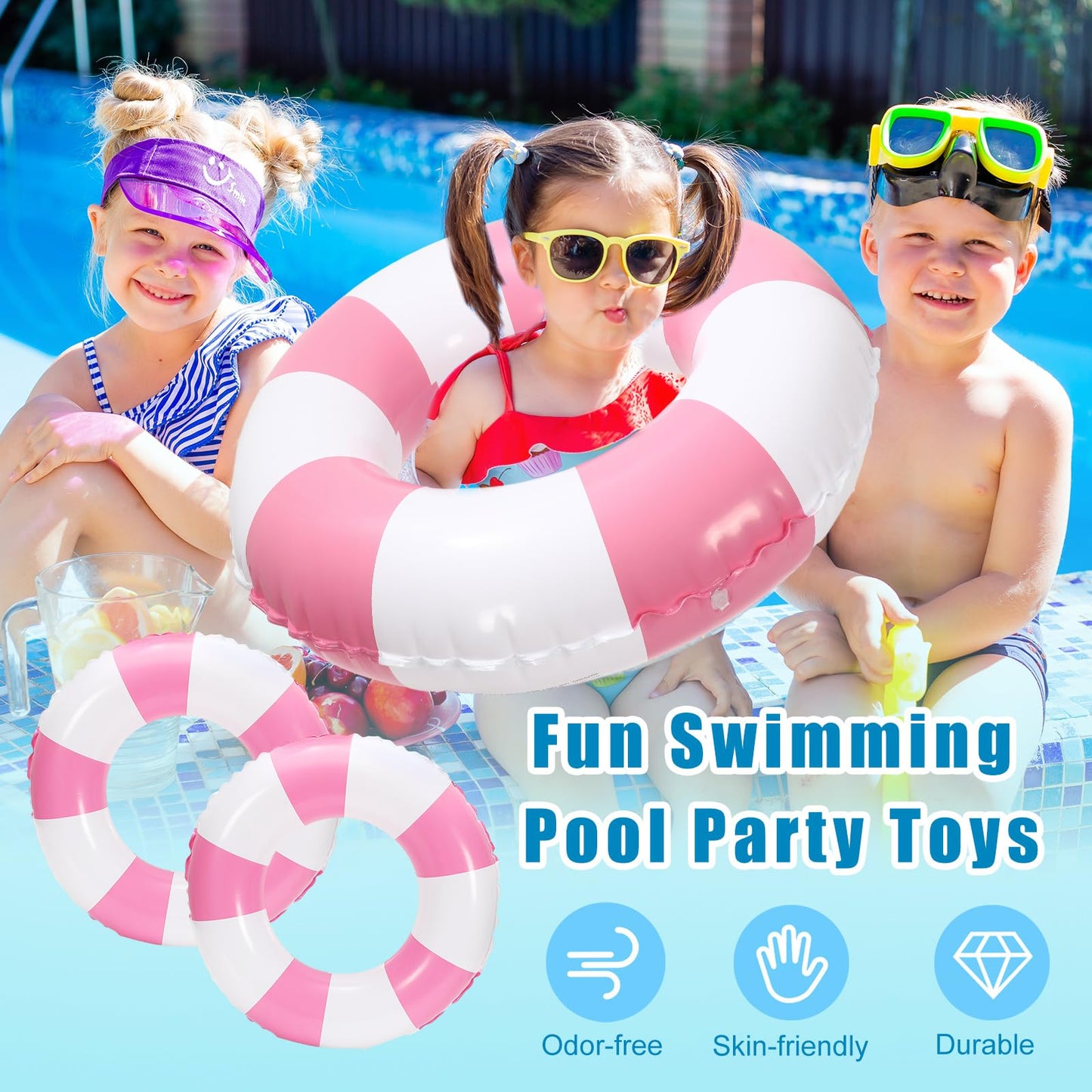 Whaline 4-Pack White Pink Striped Inflatable Swim Floats – 22.8 Inch Pool Loungers