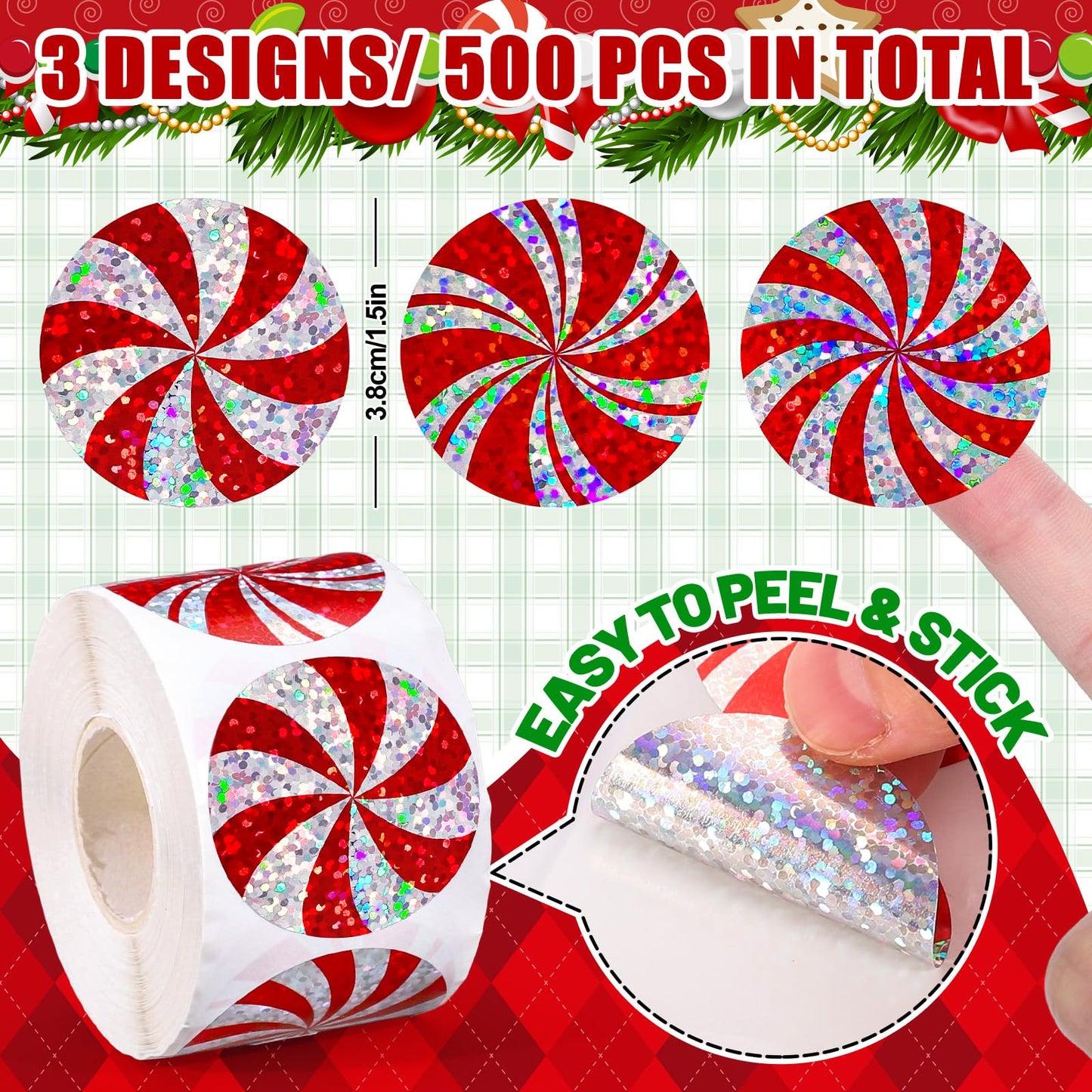 Whaline Christmas Candy Stickers Roll – Holographic Red Peppermint Seals, 500 Pcs