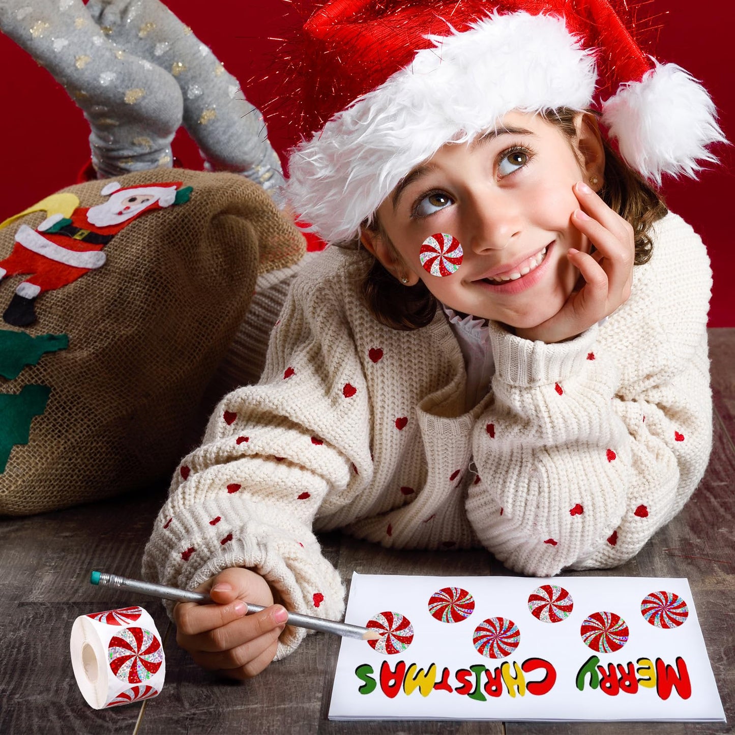 Whaline Christmas Candy Stickers Roll – Holographic Red Peppermint Seals, 500 Pcs