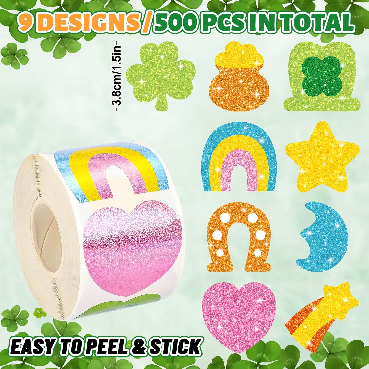 Whaline St. Patrick's Day Stickers Roll – Holographic Lucky Charms, 500 Pcs