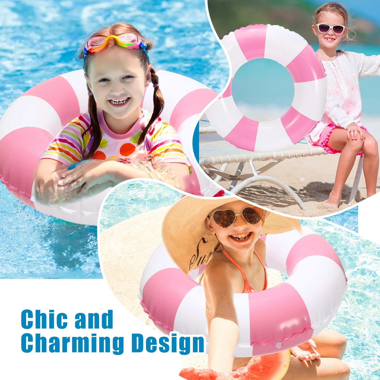 Whaline 4-Pack White Pink Striped Inflatable Swim Floats – 22.8 Inch Pool Loungers