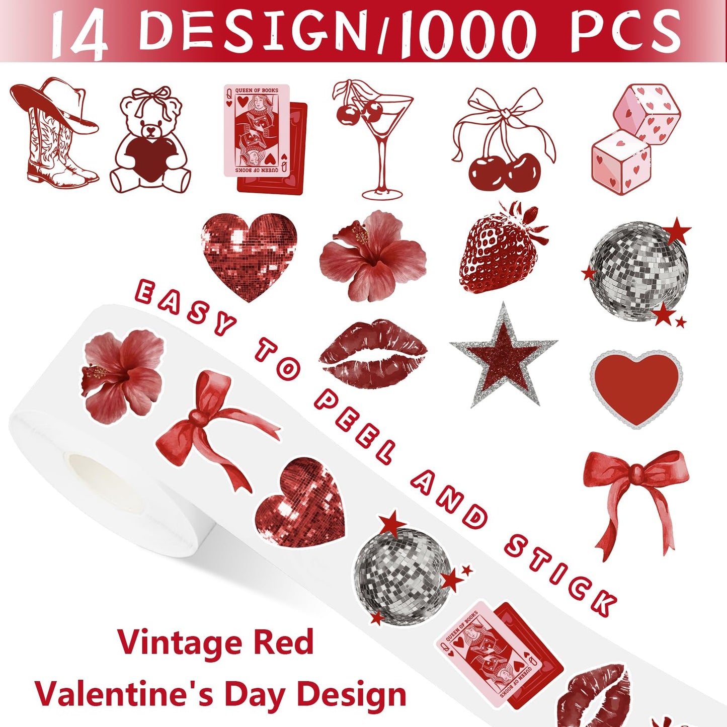 Whaline 1000 Pcs Valentine's Day Stickers Roll – Vintage Heart & Cherry, 14 Designs (2 Rolls)