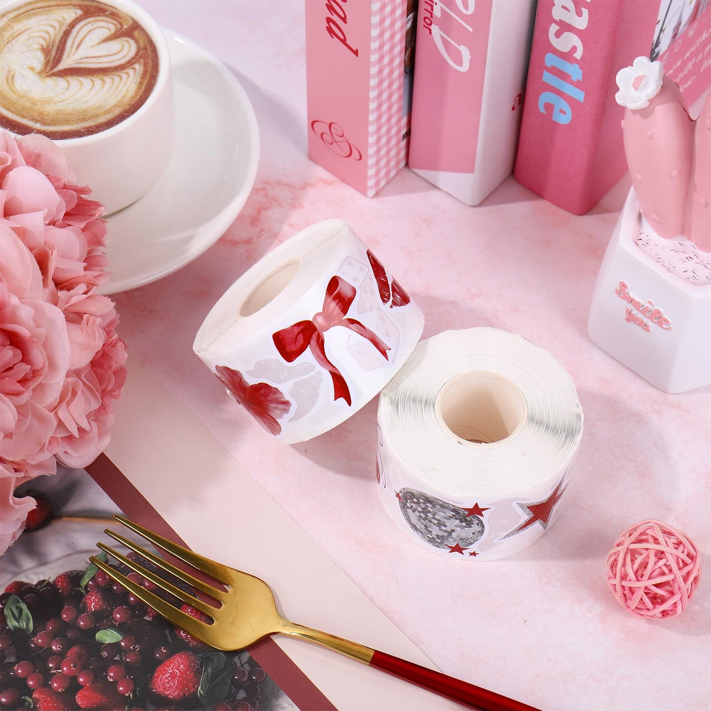 Whaline 1000 Pcs Valentine's Day Stickers Roll – Vintage Heart & Cherry, 14 Designs (2 Rolls)