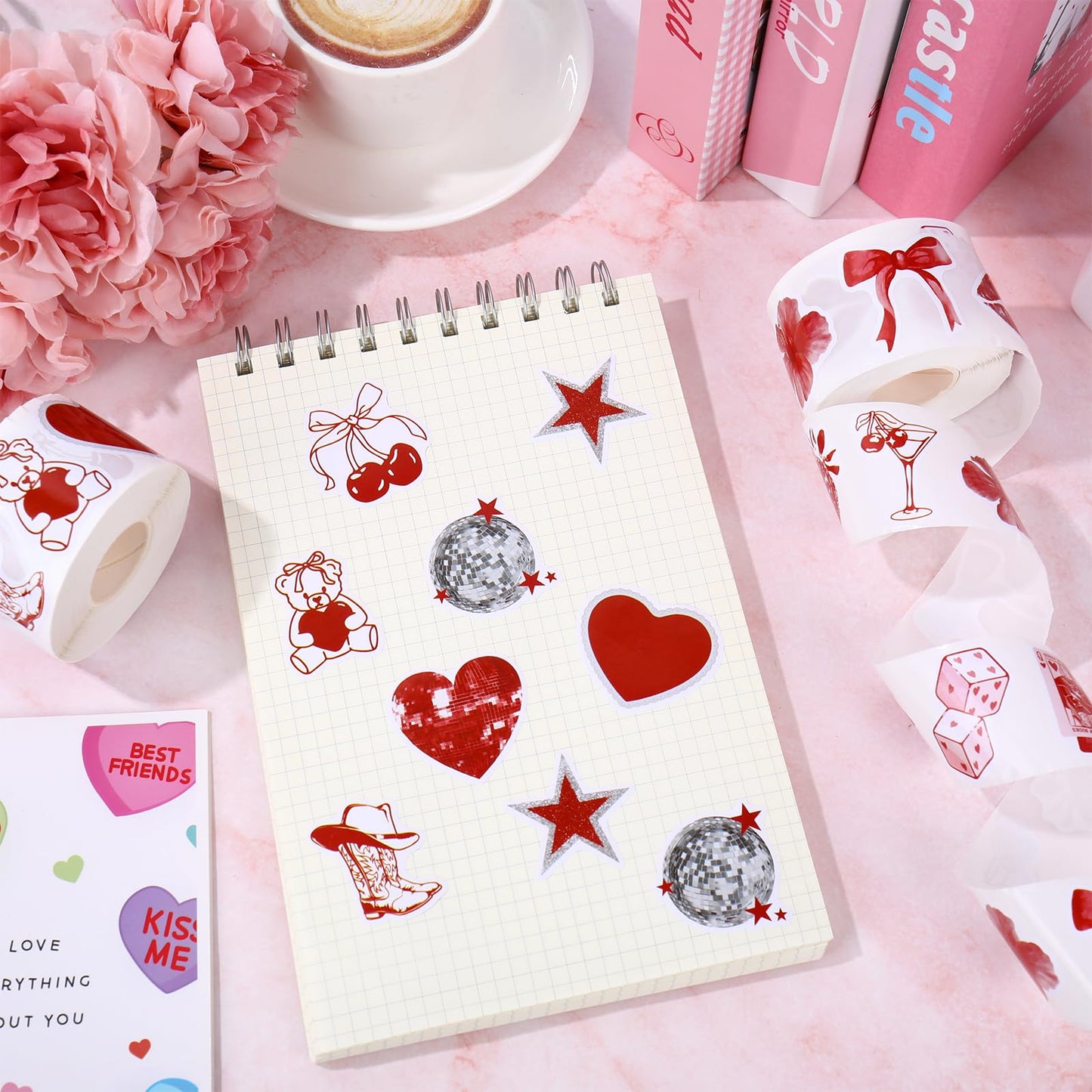 Whaline 1000 Pcs Valentine's Day Stickers Roll – Vintage Heart & Cherry, 14 Designs (2 Rolls)