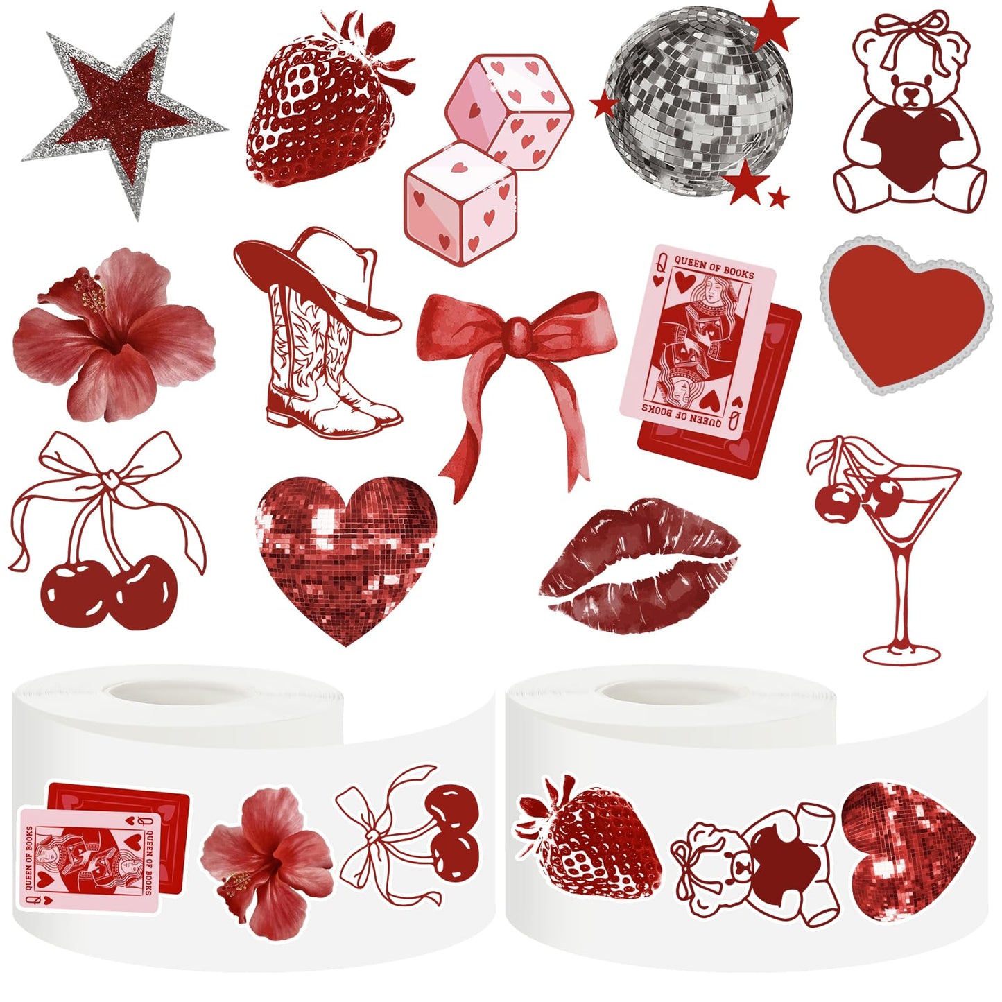 Whaline 1000 Pcs Valentine's Day Stickers Roll – Vintage Heart & Cherry, 14 Designs (2 Rolls)