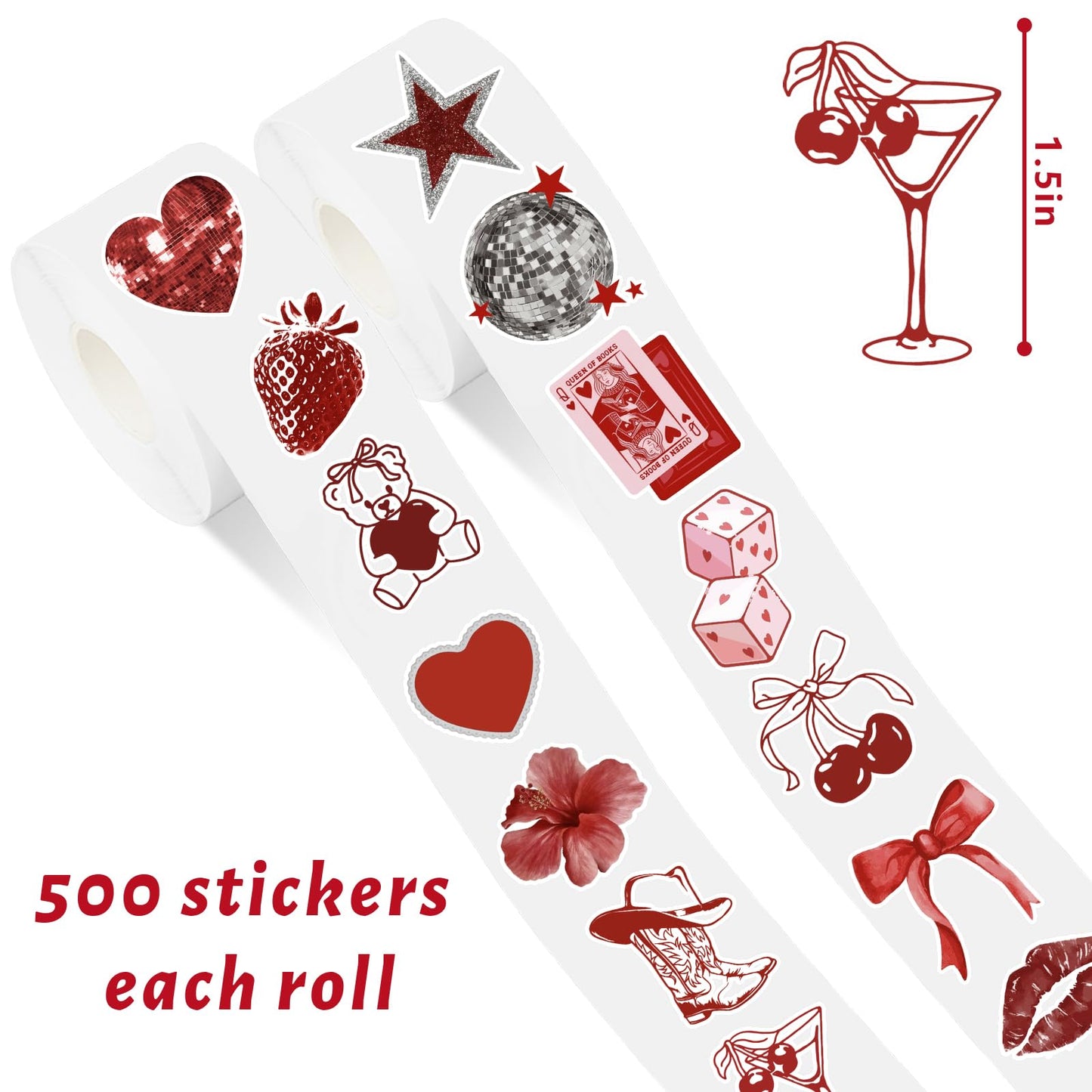 Whaline 1000 Pcs Valentine's Day Stickers Roll – Vintage Heart & Cherry, 14 Designs (2 Rolls)