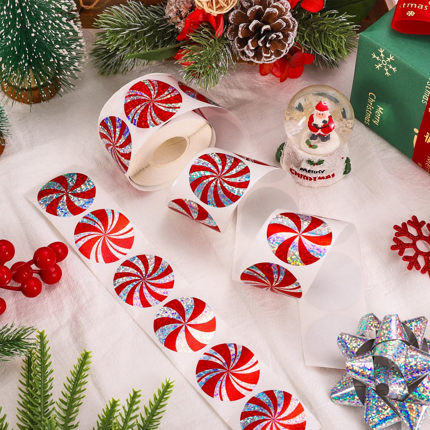 Whaline Christmas Candy Stickers Roll – Holographic Red Peppermint Seals, 500 Pcs