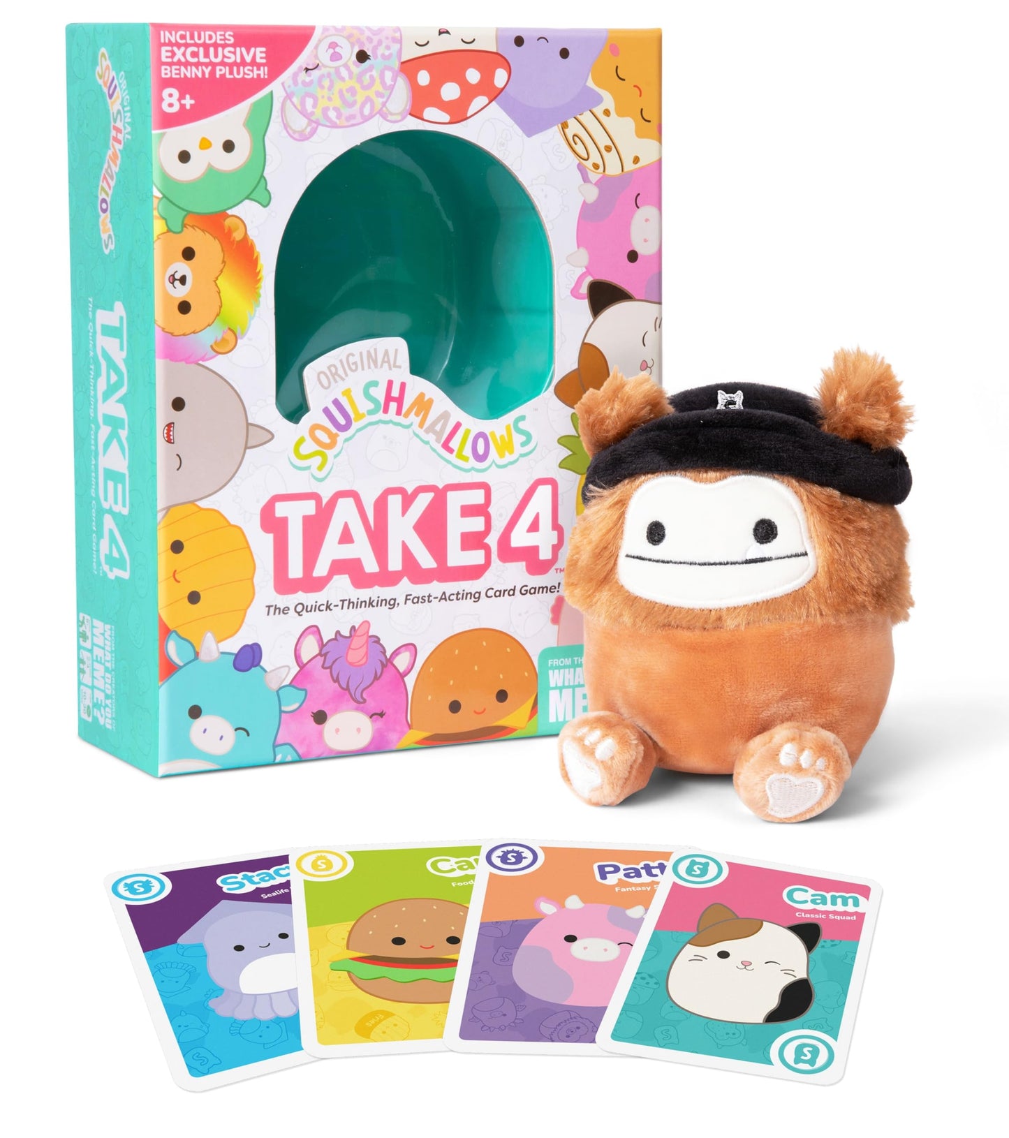 WHAT DO YOU MEME? Squishmallows Take4 — Family Card & Board Game with Exclusive Benny Plush (84 Cards)