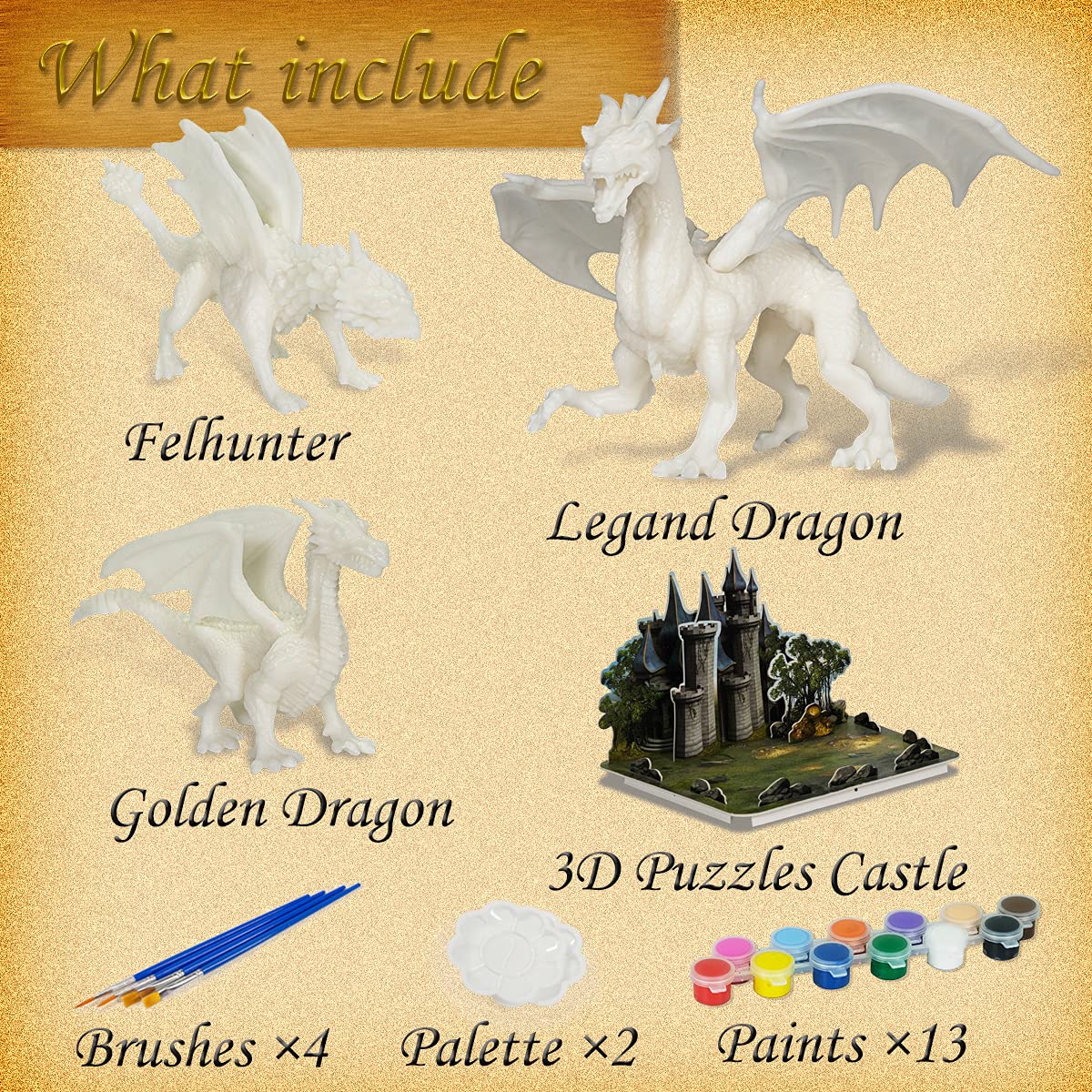 whatstem Kids Dragon Painting Kit with 3 Dragons & 3D Castle Puzzle