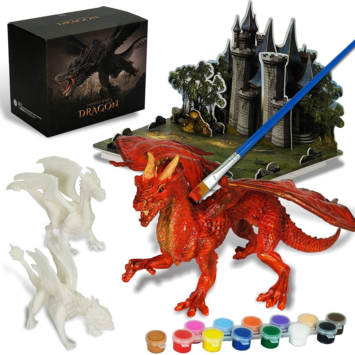 whatstem Kids Dragon Painting Kit with 3 Dragons & 3D Castle Puzzle