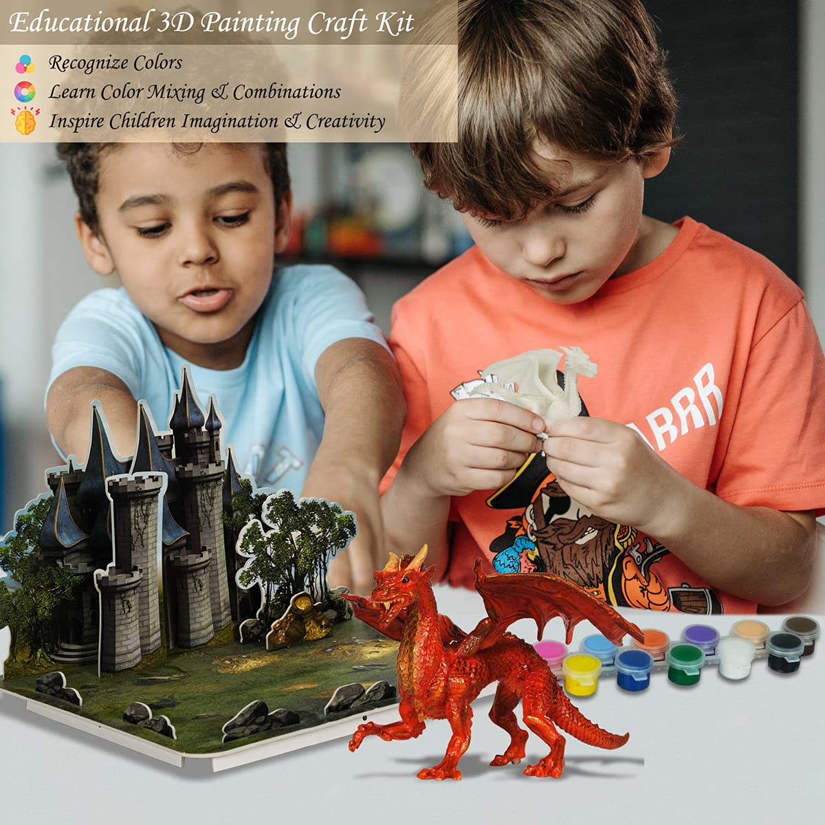 whatstem Kids Dragon Painting Kit with 3 Dragons & 3D Castle Puzzle