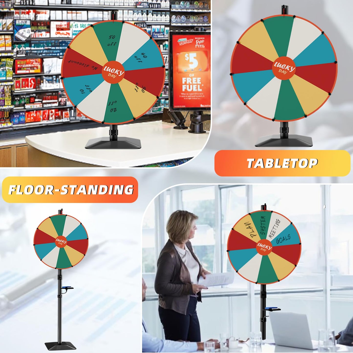 WHAUU Heavy Duty Prize Wheel 24-Inch Dual-Use | Tabletop & Floor Stand, 10 Slots, Dry Erase Kit