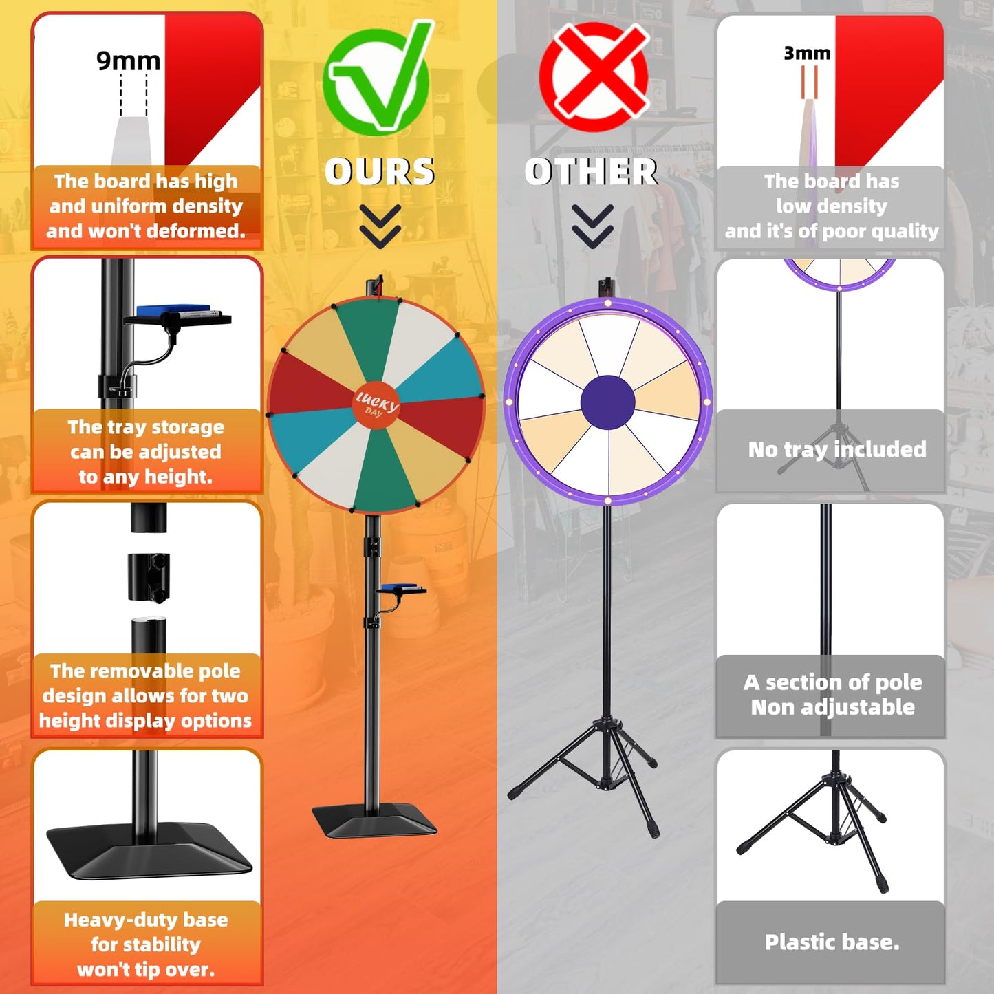 WHAUU Heavy Duty Prize Wheel 24-Inch Dual-Use | Tabletop & Floor Stand, 10 Slots, Dry Erase Kit
