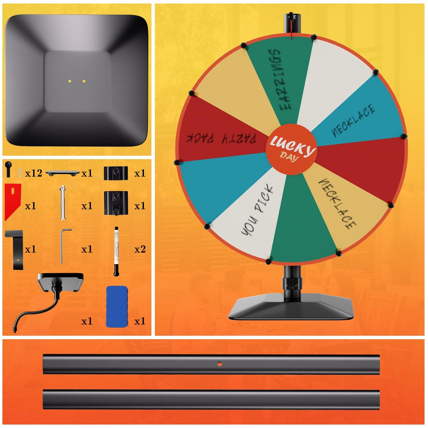 WHAUU Heavy Duty Prize Wheel 24-Inch Dual-Use | Tabletop & Floor Stand, 10 Slots, Dry Erase Kit