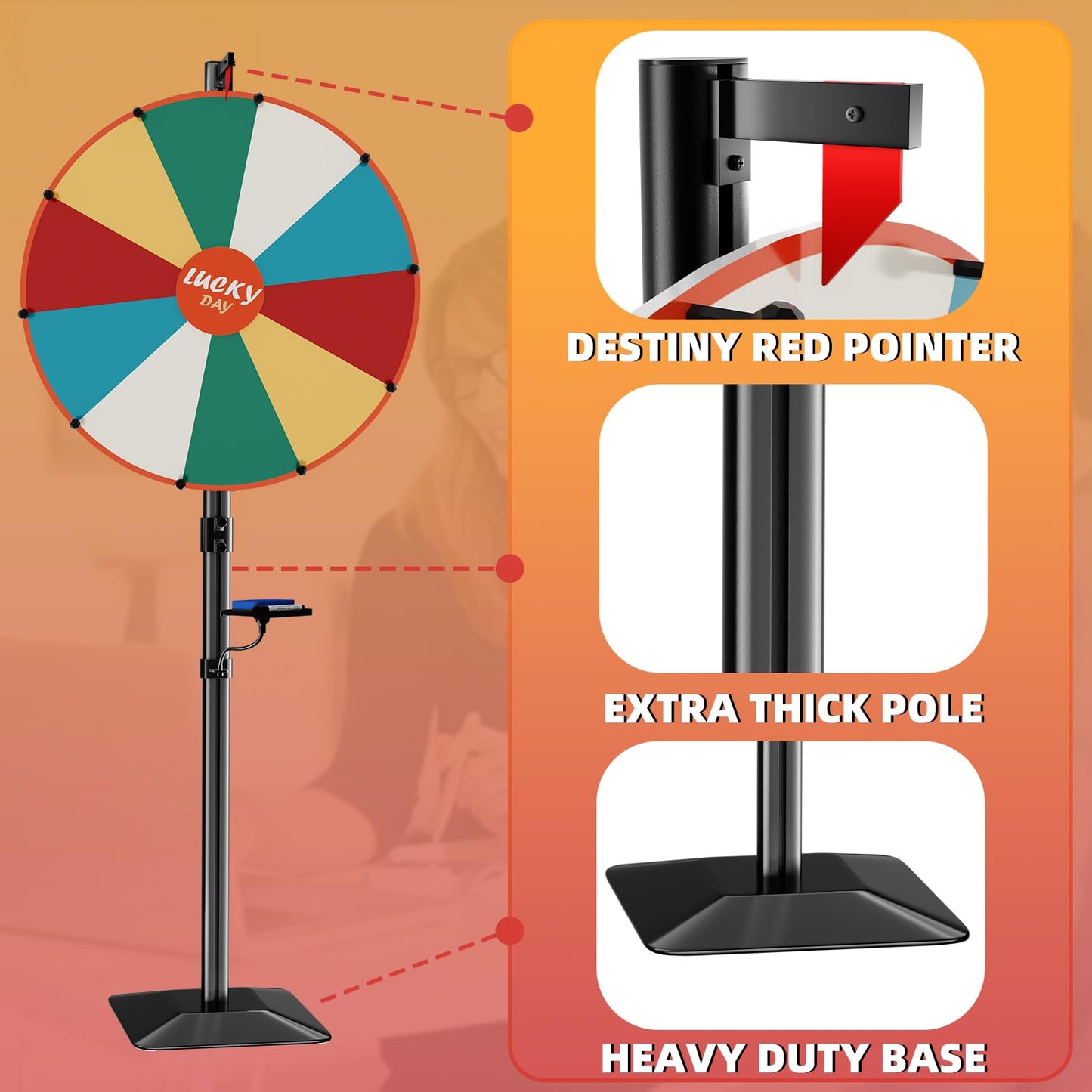 WHAUU Heavy Duty Prize Wheel 24-Inch Dual-Use | Tabletop & Floor Stand, 10 Slots, Dry Erase Kit