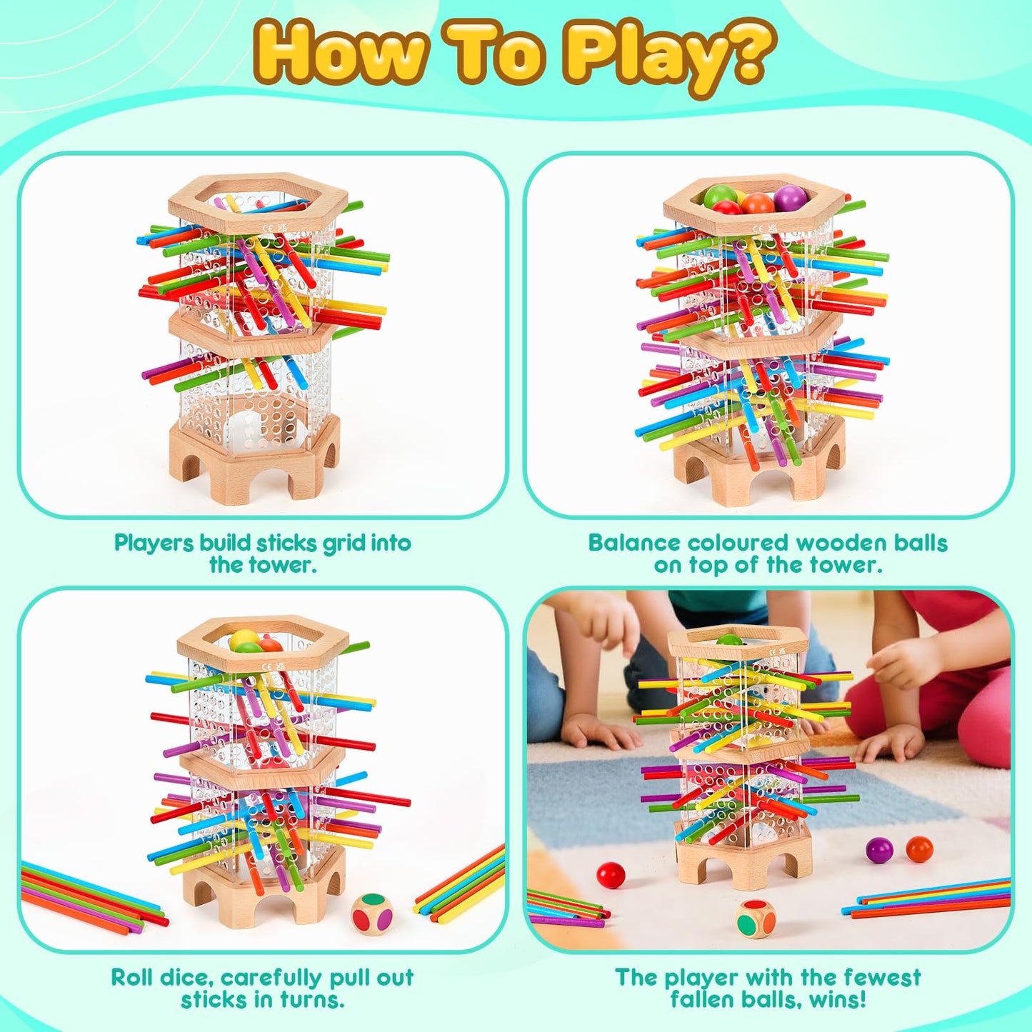 WhimsiPlay Montessori Wooden Board Game – 42 Colorful Sticks & Balls for Kids Aged 3-6