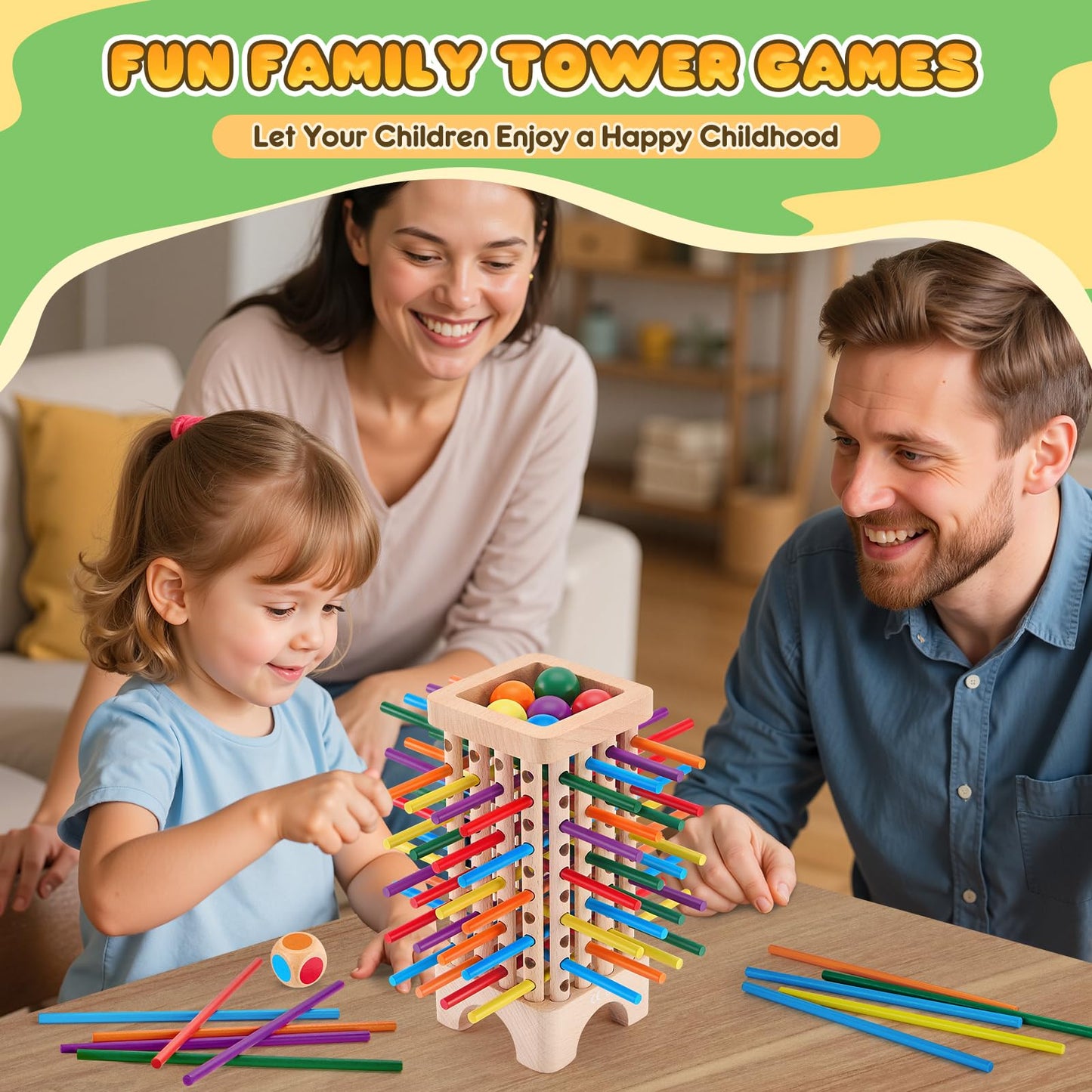 WhimsiPlay Montessori Board Game – Wooden Tower with 42 Colorful Sticks for Ages 3–6