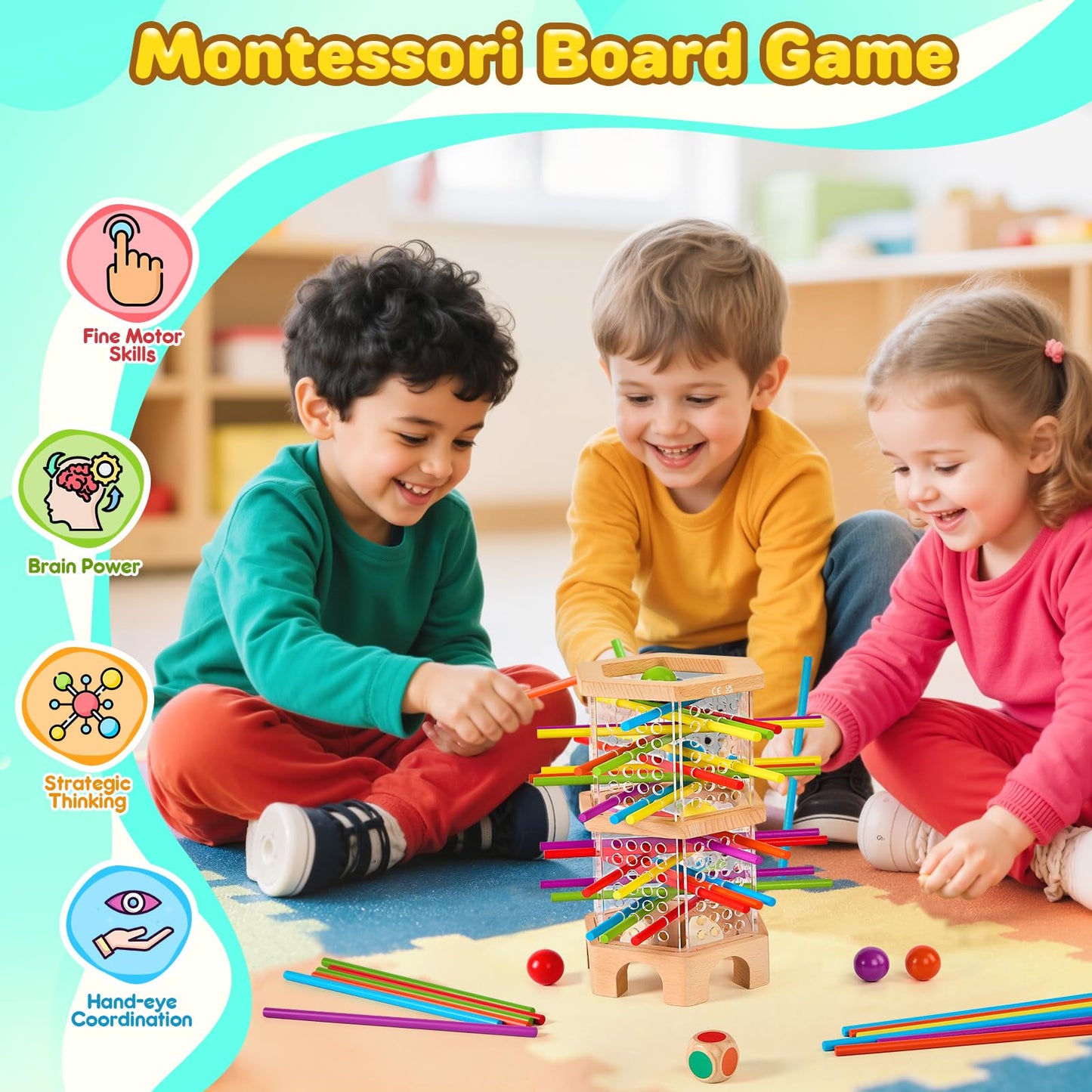WhimsiPlay Montessori Wooden Board Game – 42 Colorful Sticks & Balls for Kids Aged 3-6