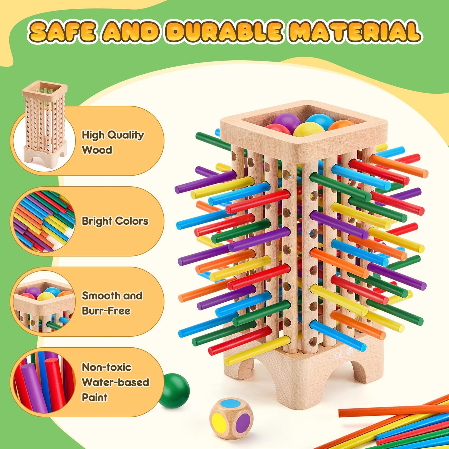 WhimsiPlay Montessori Board Game – Wooden Tower with 42 Colorful Sticks for Ages 3–6