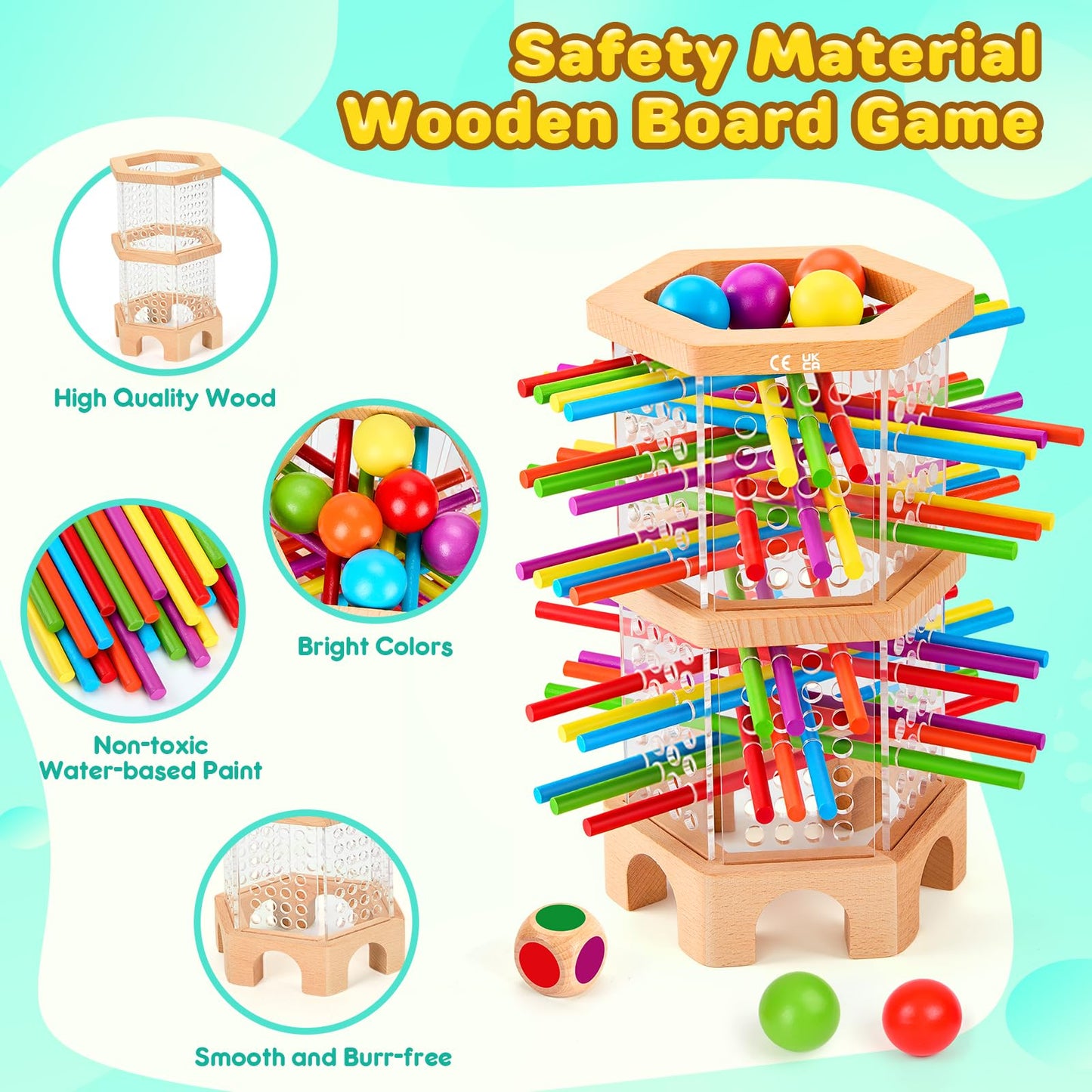 WhimsiPlay Montessori Wooden Board Game – 42 Colorful Sticks & Balls for Kids Aged 3-6