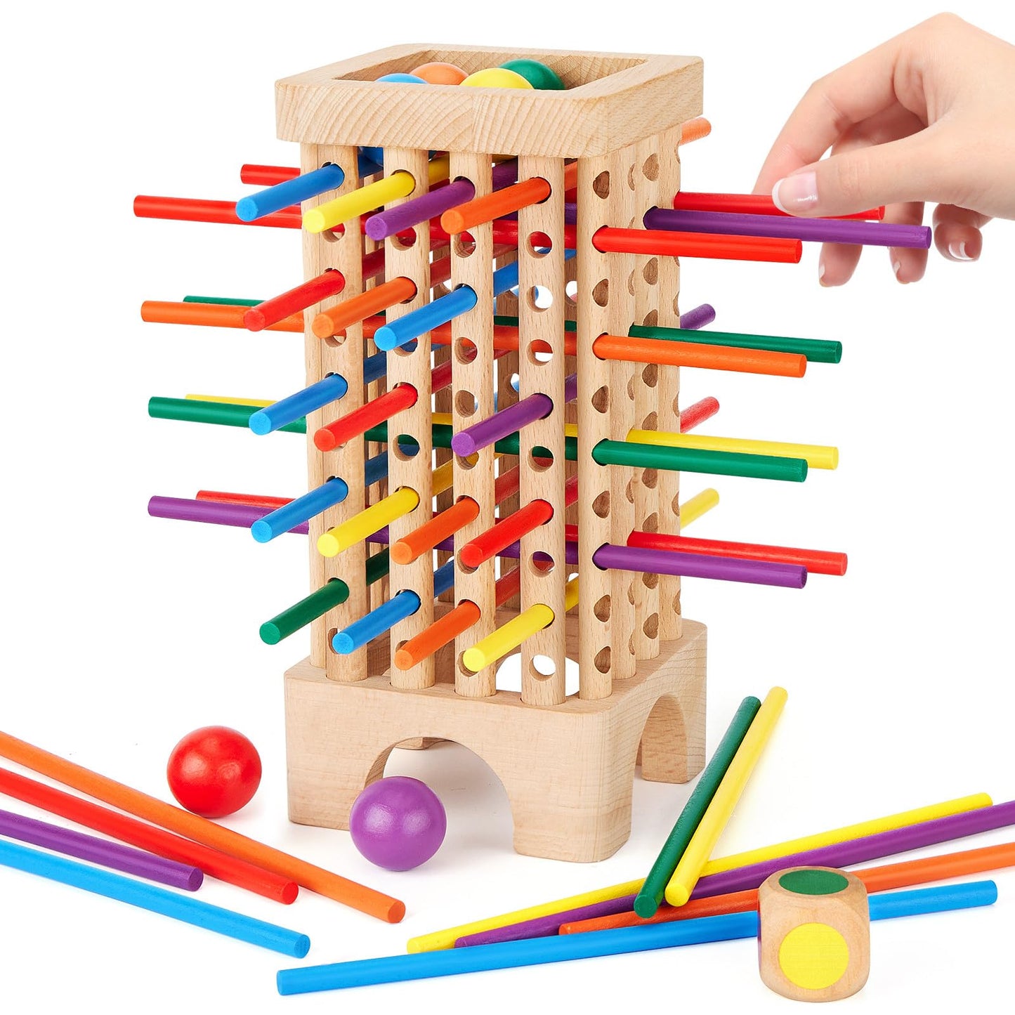 WhimsiPlay Montessori Board Game – Wooden Tower with 42 Colorful Sticks for Ages 3–6
