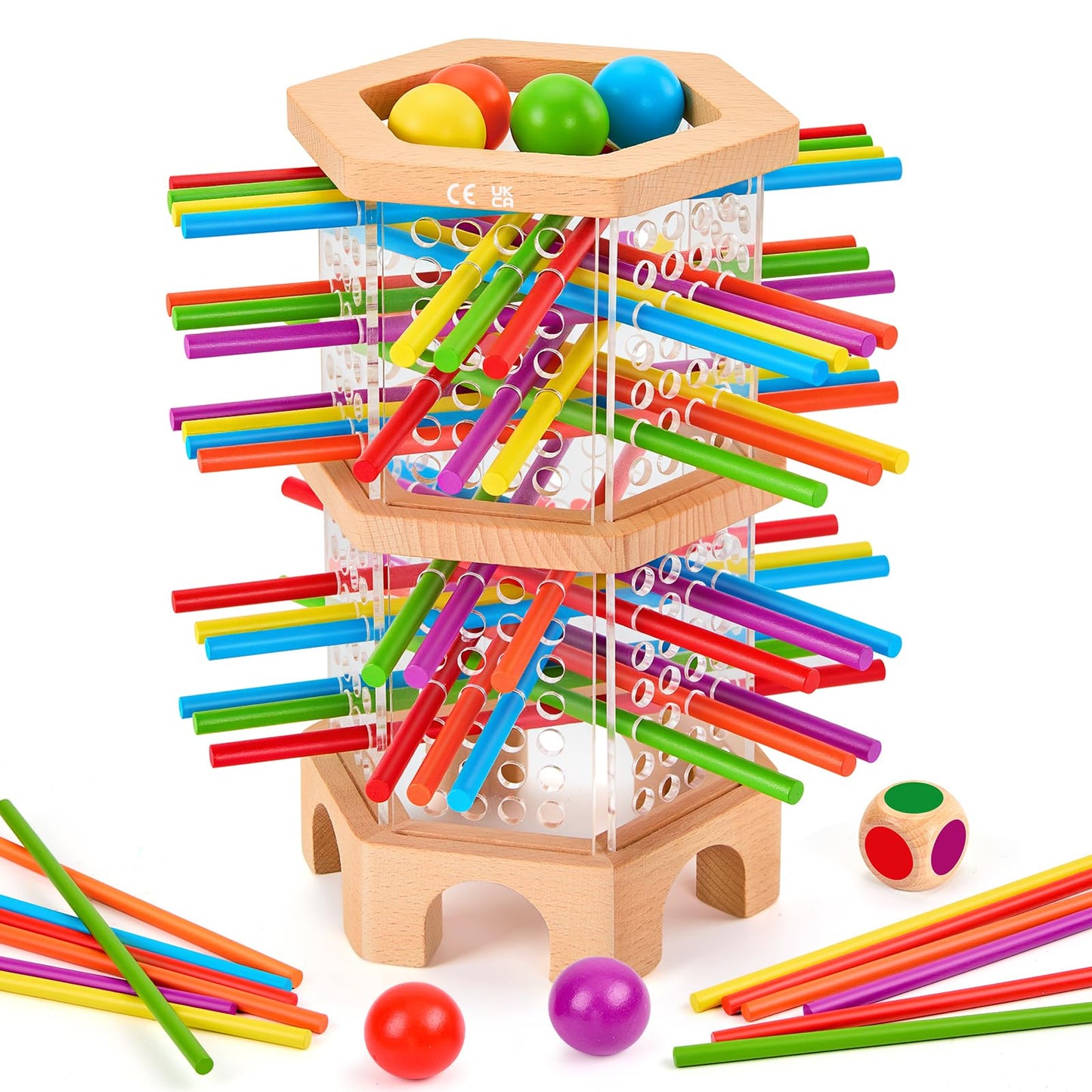 WhimsiPlay Montessori Wooden Board Game – 42 Colorful Sticks & Balls for Kids Aged 3-6