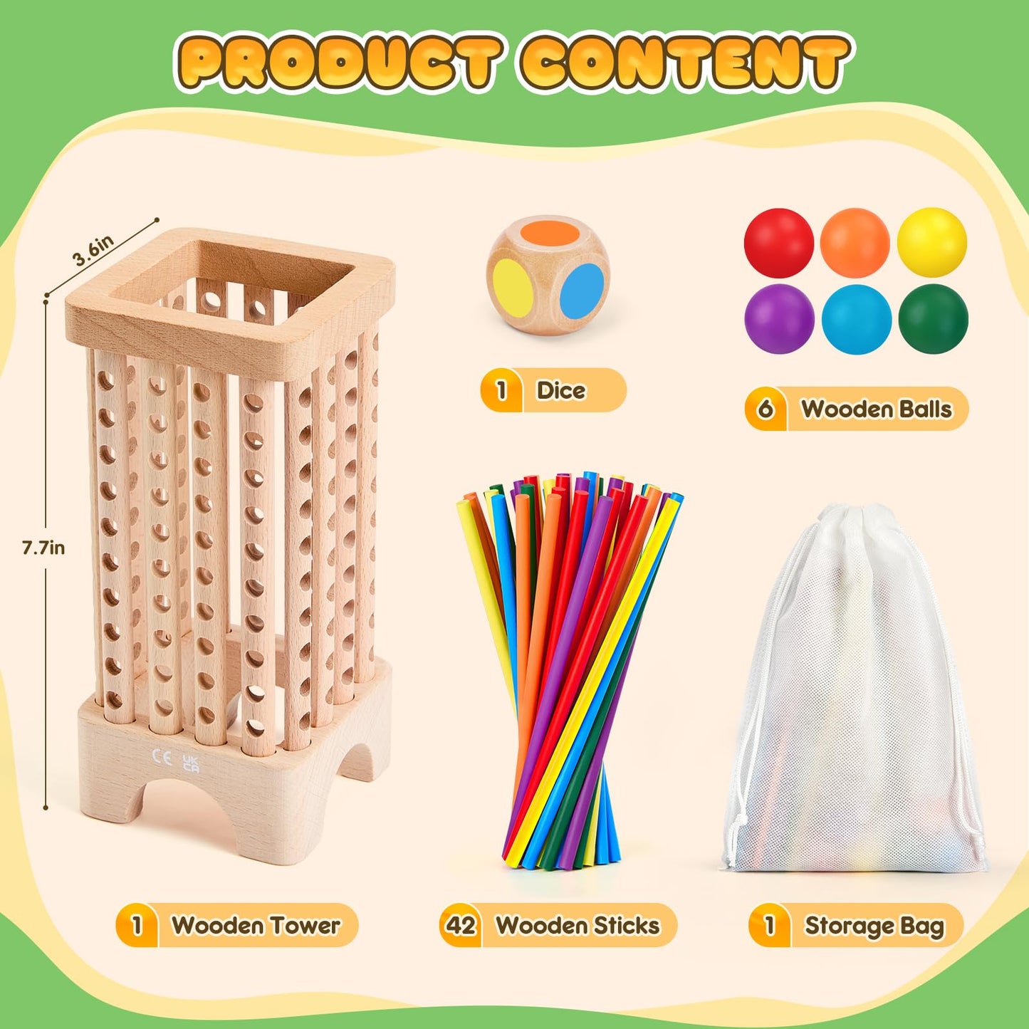 WhimsiPlay Montessori Board Game – Wooden Tower with 42 Colorful Sticks for Ages 3–6