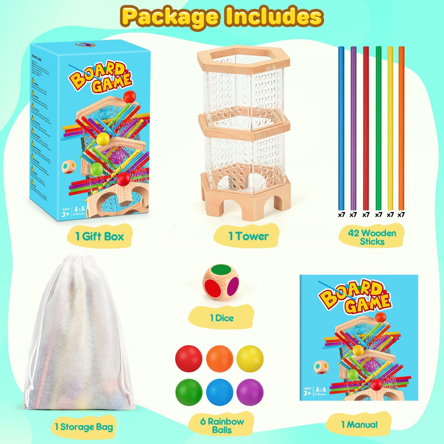 WhimsiPlay Montessori Wooden Board Game – 42 Colorful Sticks & Balls for Kids Aged 3-6