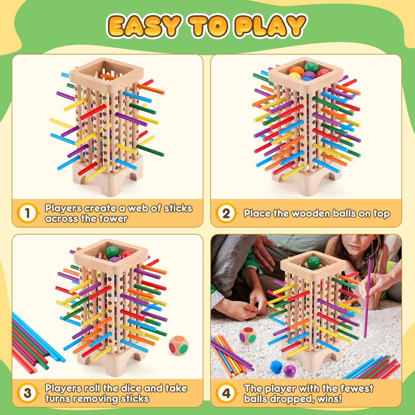 WhimsiPlay Montessori Board Game – Wooden Tower with 42 Colorful Sticks for Ages 3–6