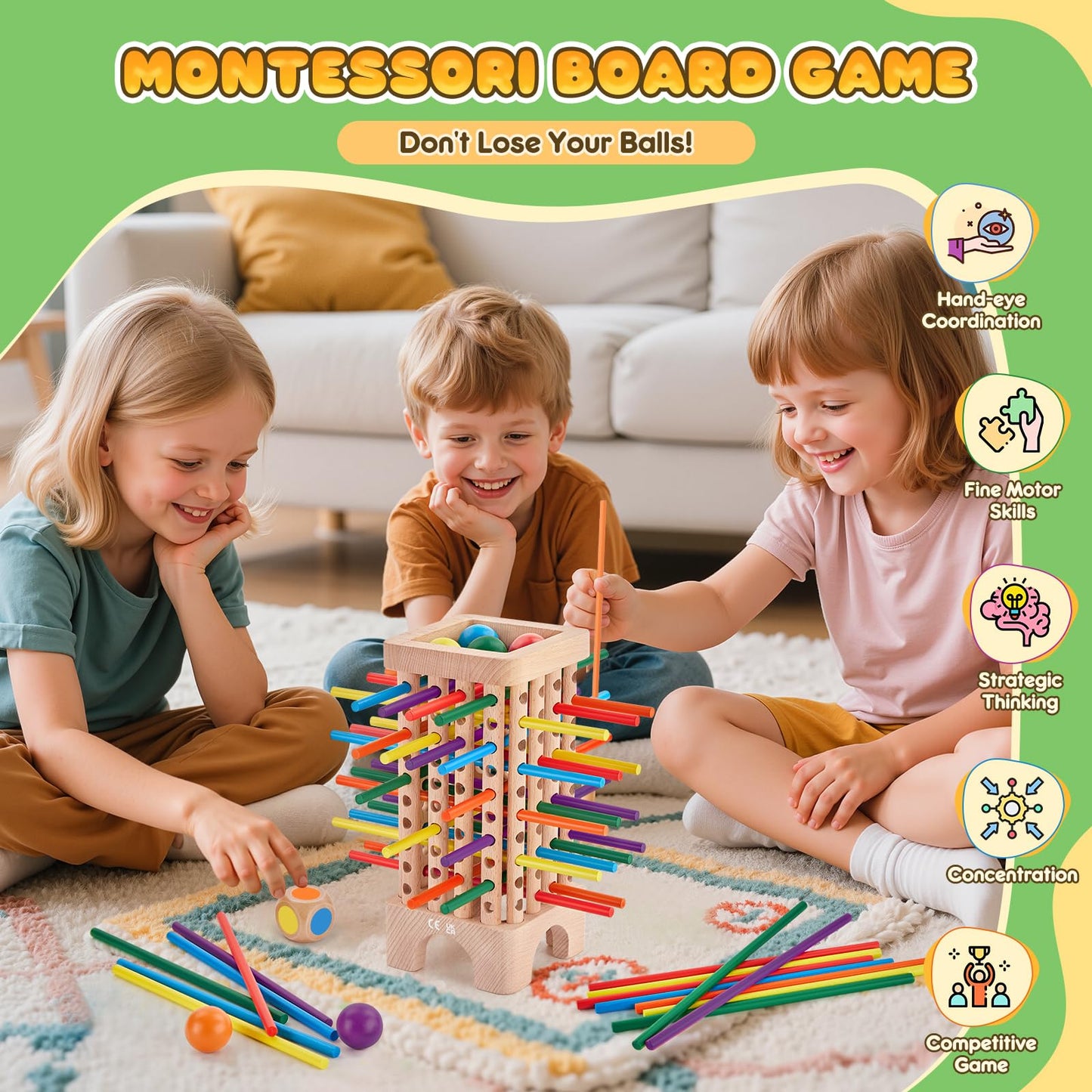 WhimsiPlay Montessori Board Game – Wooden Tower with 42 Colorful Sticks for Ages 3–6