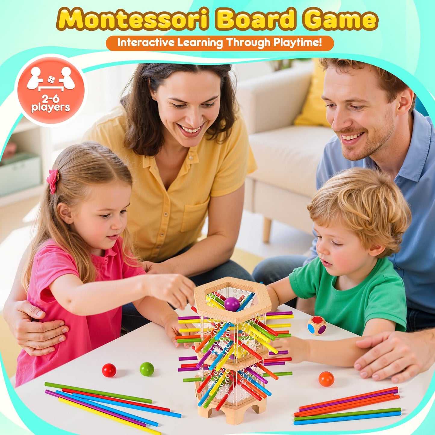 WhimsiPlay Montessori Wooden Board Game – 42 Colorful Sticks & Balls for Kids Aged 3-6