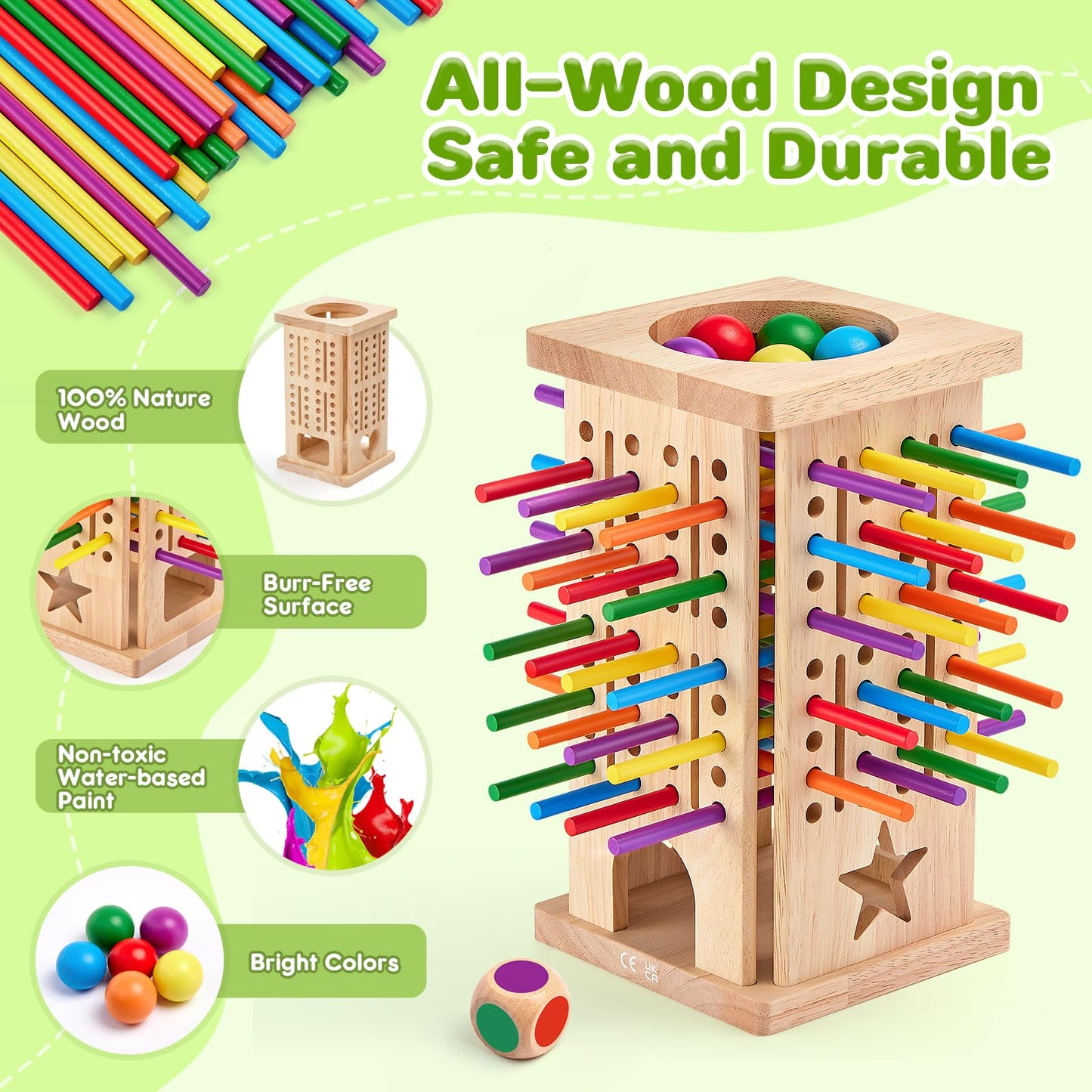 WhimsiPlay Montessori Wooden Board Games – 42 Colorful Sticks & Tower for 3-6 Year Olds