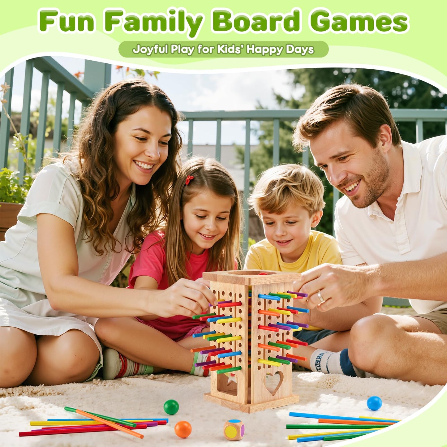 WhimsiPlay Montessori Wooden Board Games – 42 Colorful Sticks & Tower for 3-6 Year Olds