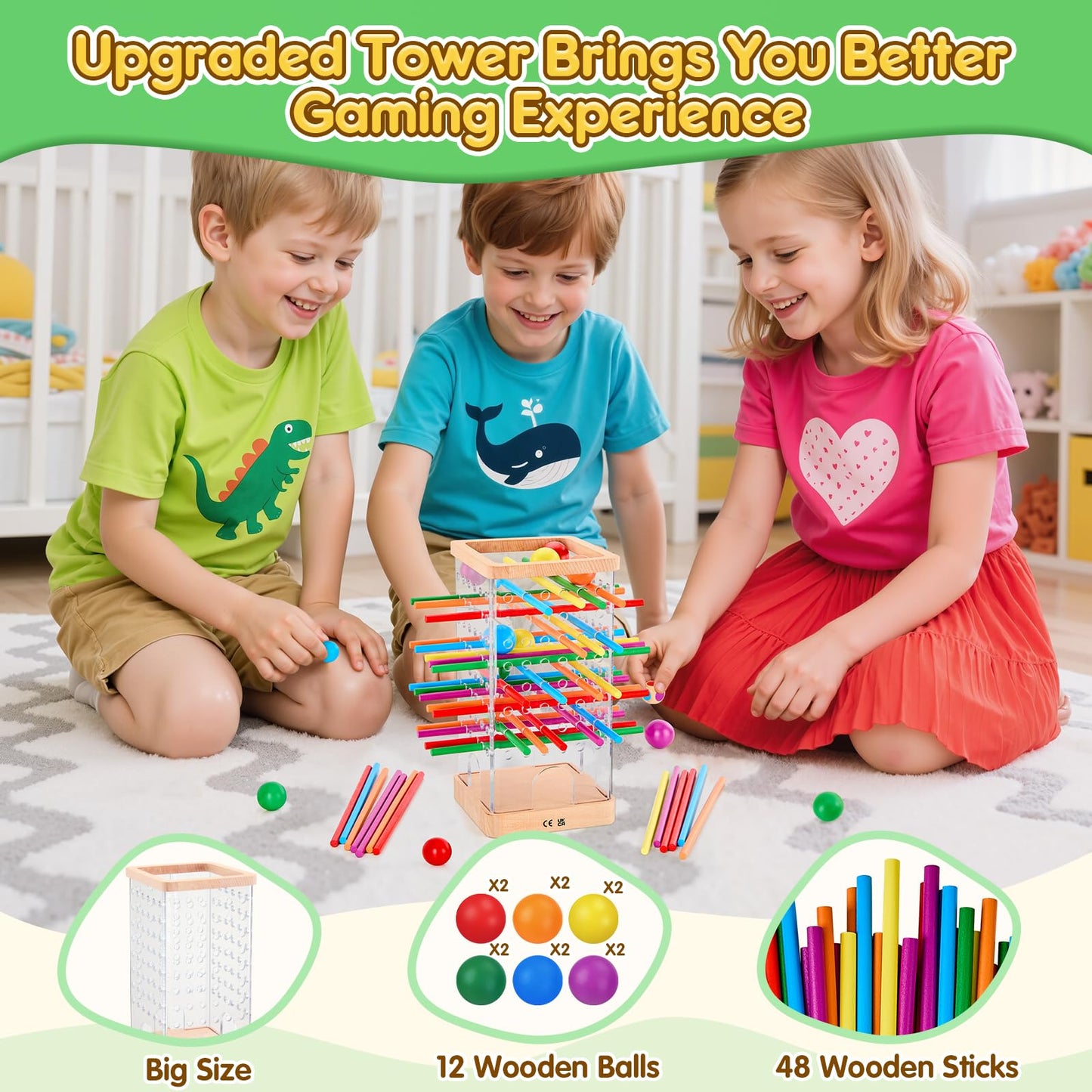WhimsiPlay Montessori Wooden Board Games – 48 Colorful Sticks, 12 Balls, Family Learning Toy