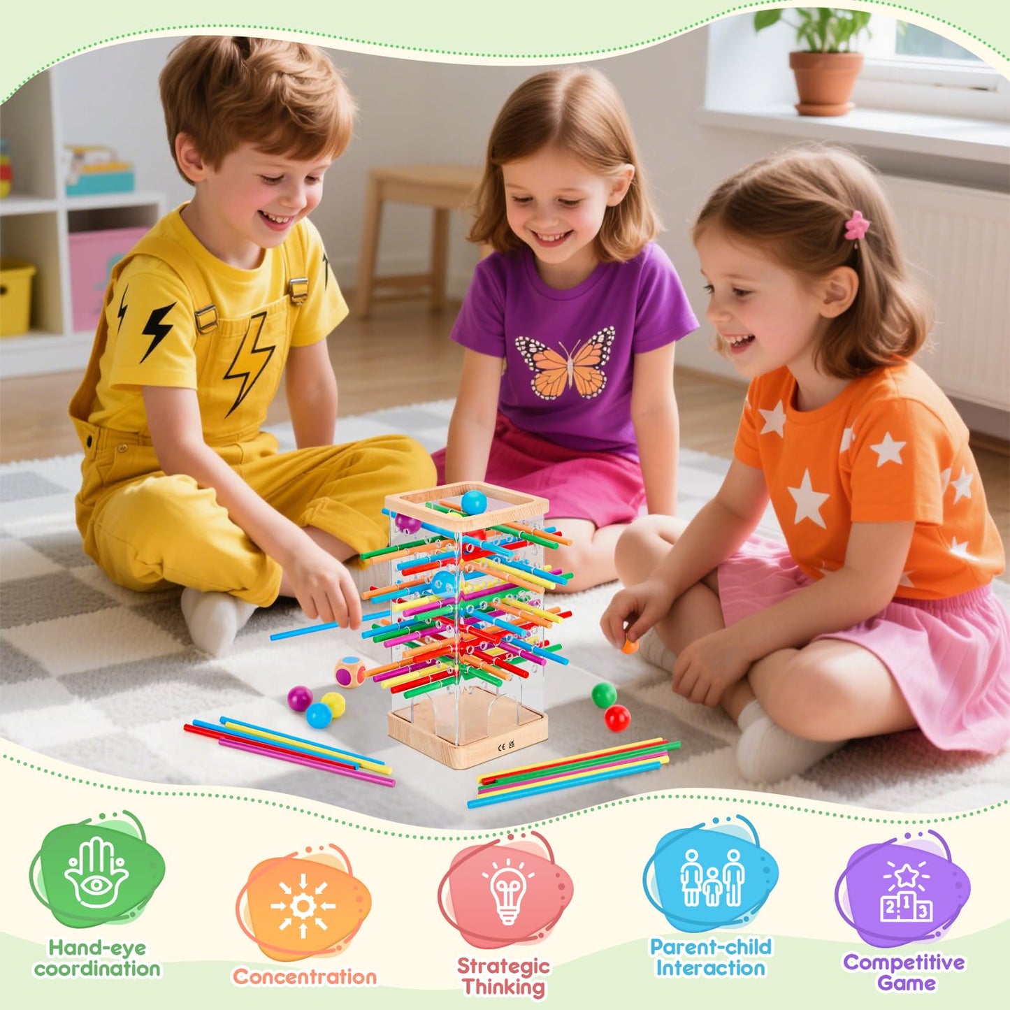 WhimsiPlay Montessori Wooden Board Games – 48 Colorful Sticks, 12 Balls, Family Learning Toy