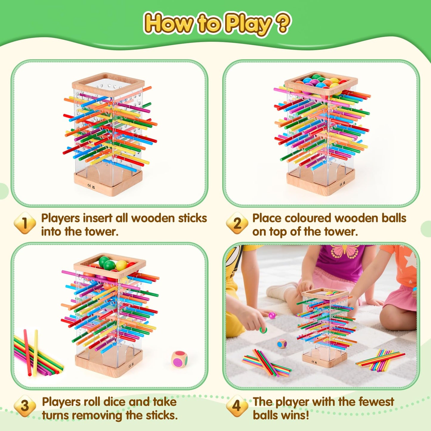 WhimsiPlay Montessori Wooden Board Games – 48 Colorful Sticks, 12 Balls, Family Learning Toy