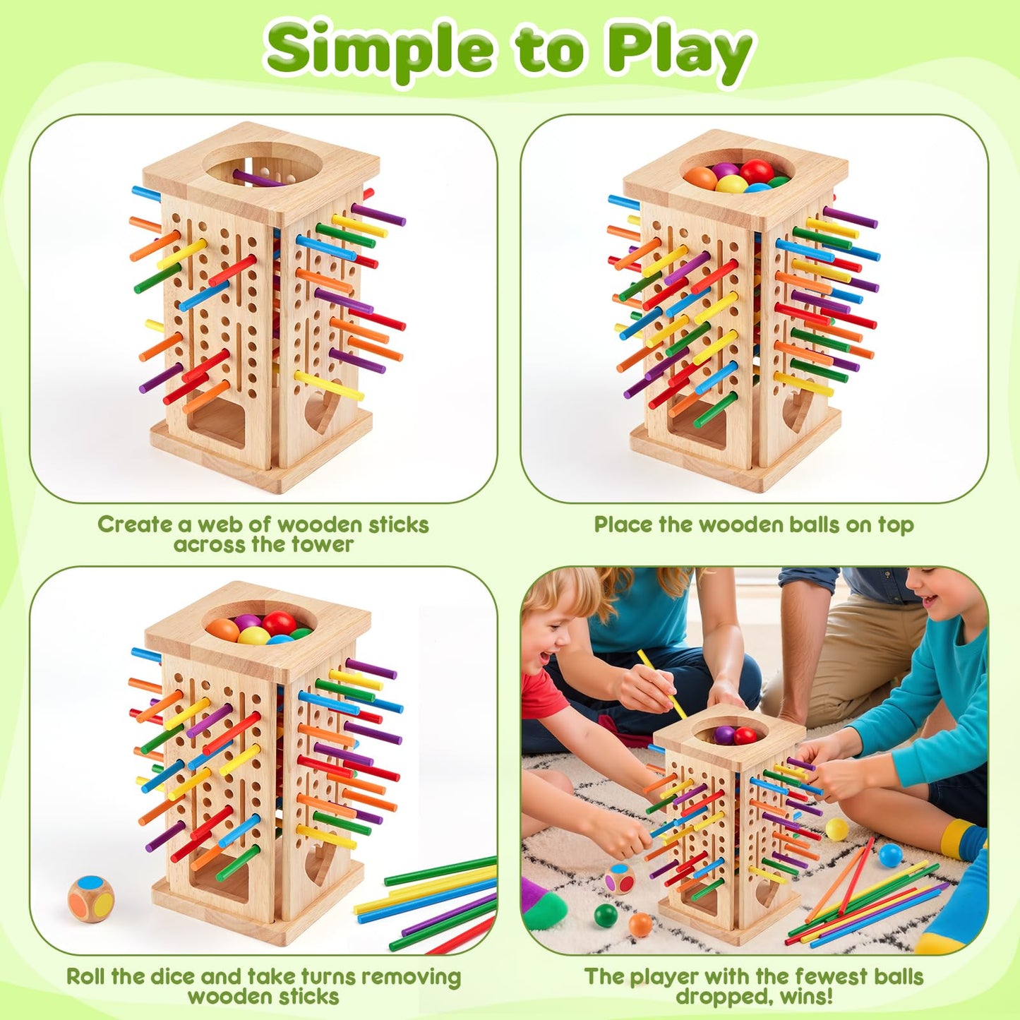 WhimsiPlay Montessori Wooden Board Games – 42 Colorful Sticks & Tower for 3-6 Year Olds