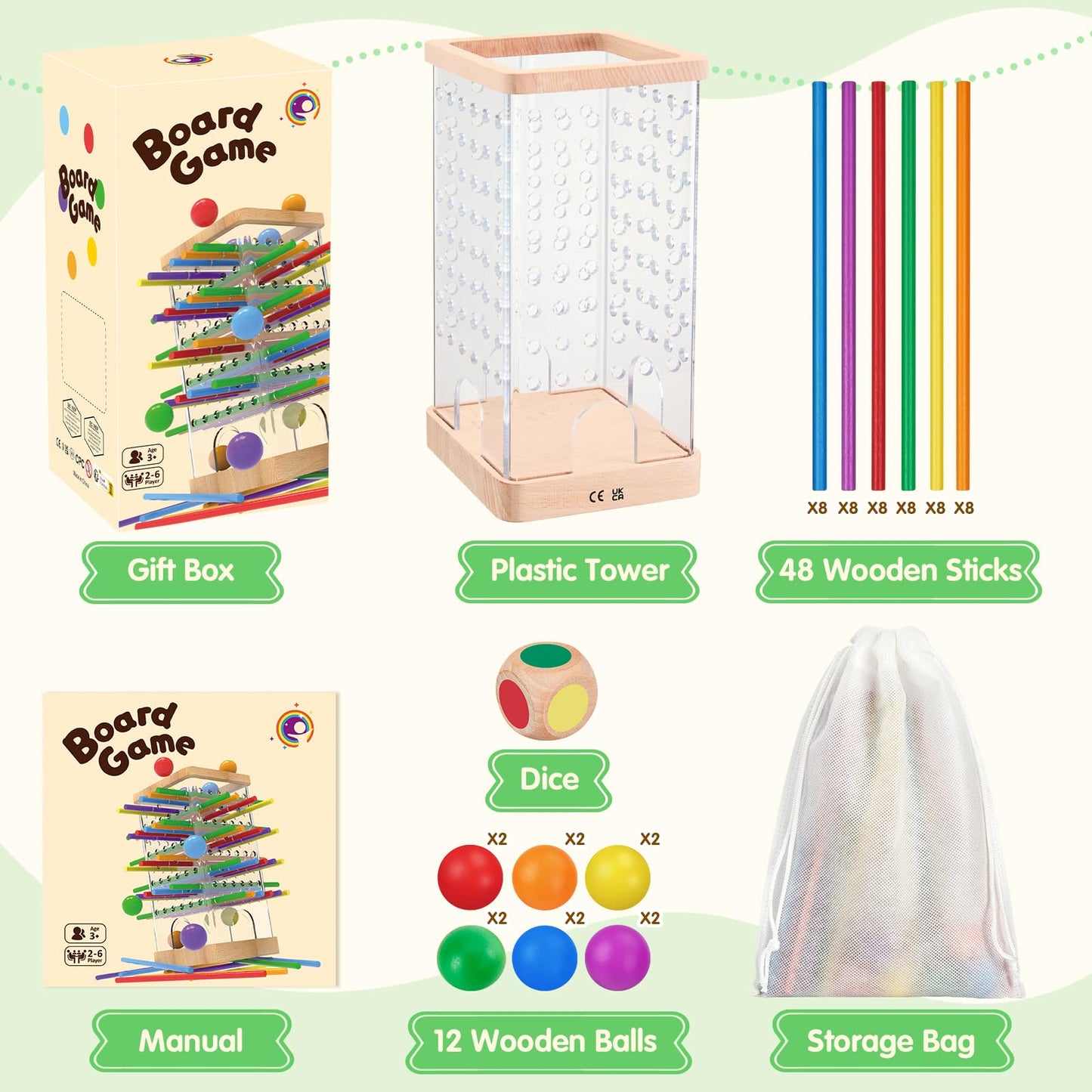 WhimsiPlay Montessori Wooden Board Games – 48 Colorful Sticks, 12 Balls, Family Learning Toy