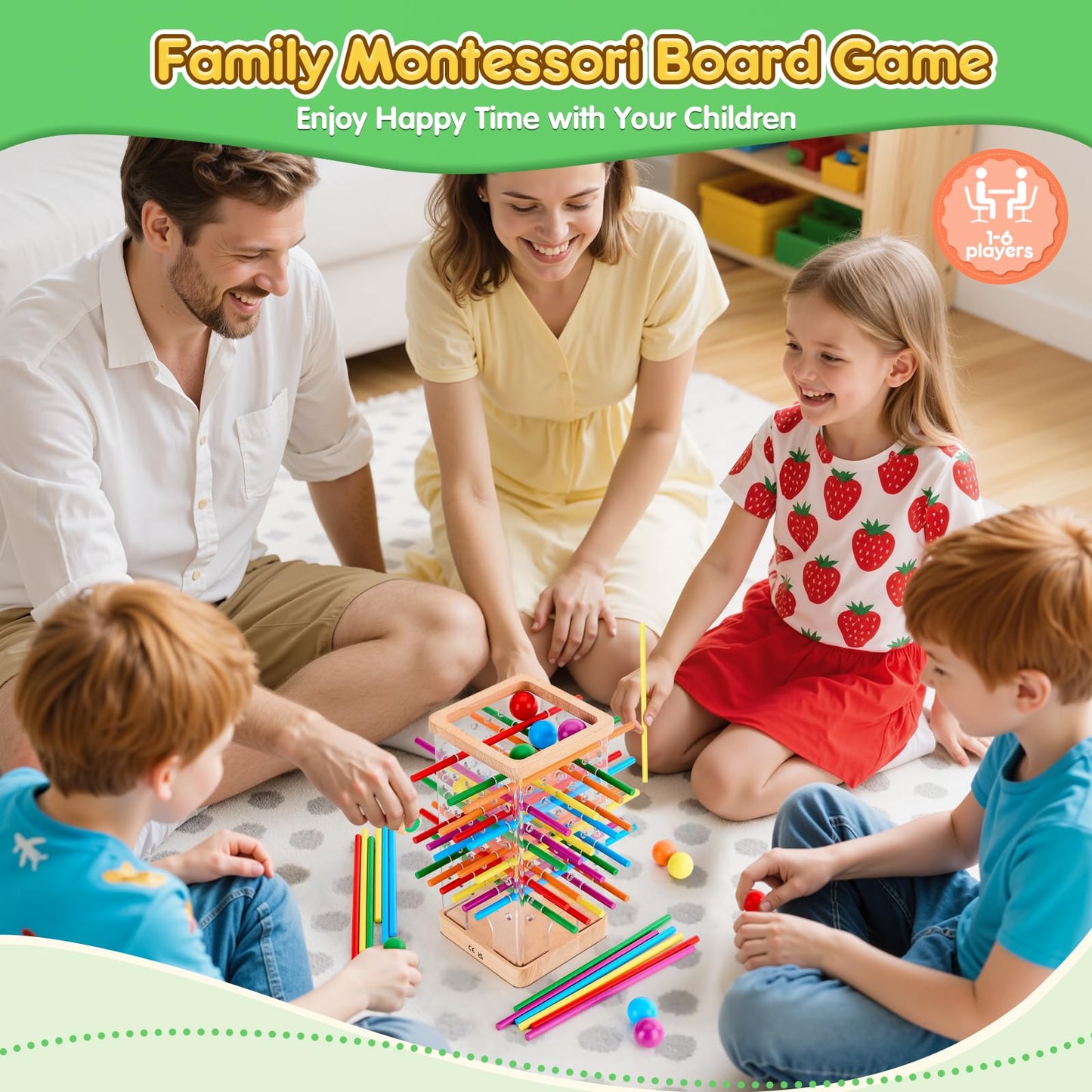 WhimsiPlay Montessori Wooden Board Games – 48 Colorful Sticks, 12 Balls, Family Learning Toy