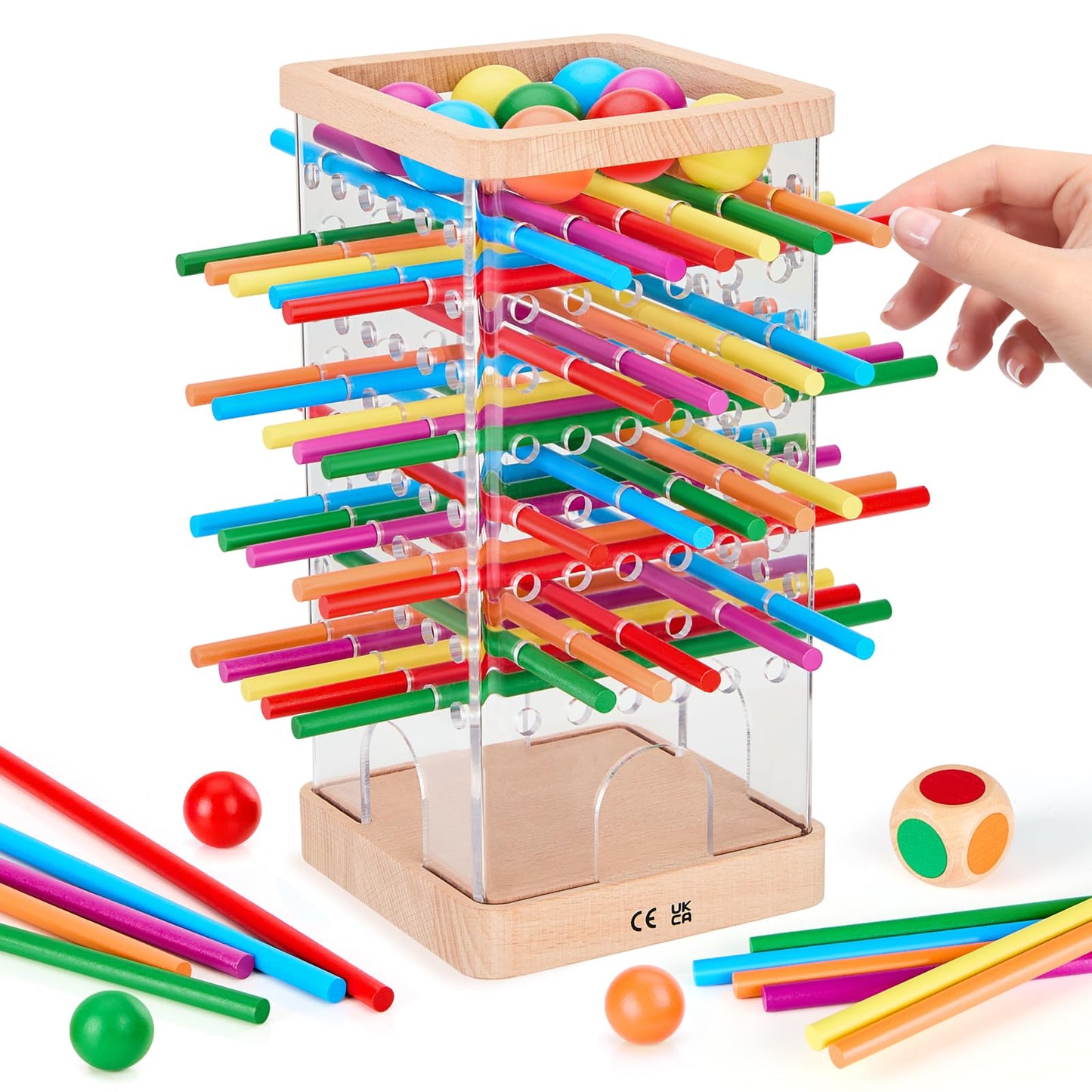 WhimsiPlay Montessori Wooden Board Games – 48 Colorful Sticks, 12 Balls, Family Learning Toy