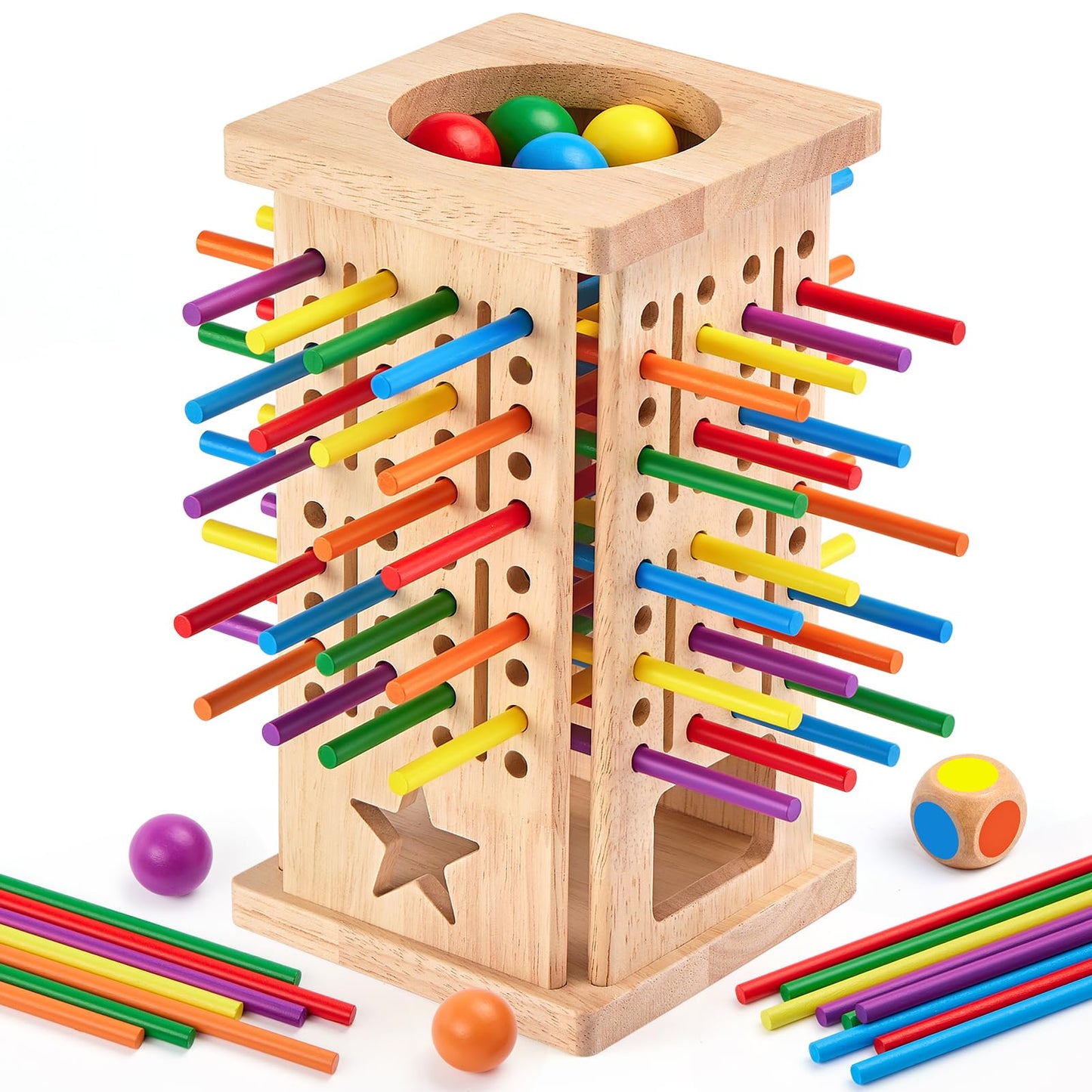 WhimsiPlay Montessori Wooden Board Games – 42 Colorful Sticks & Tower for 3-6 Year Olds