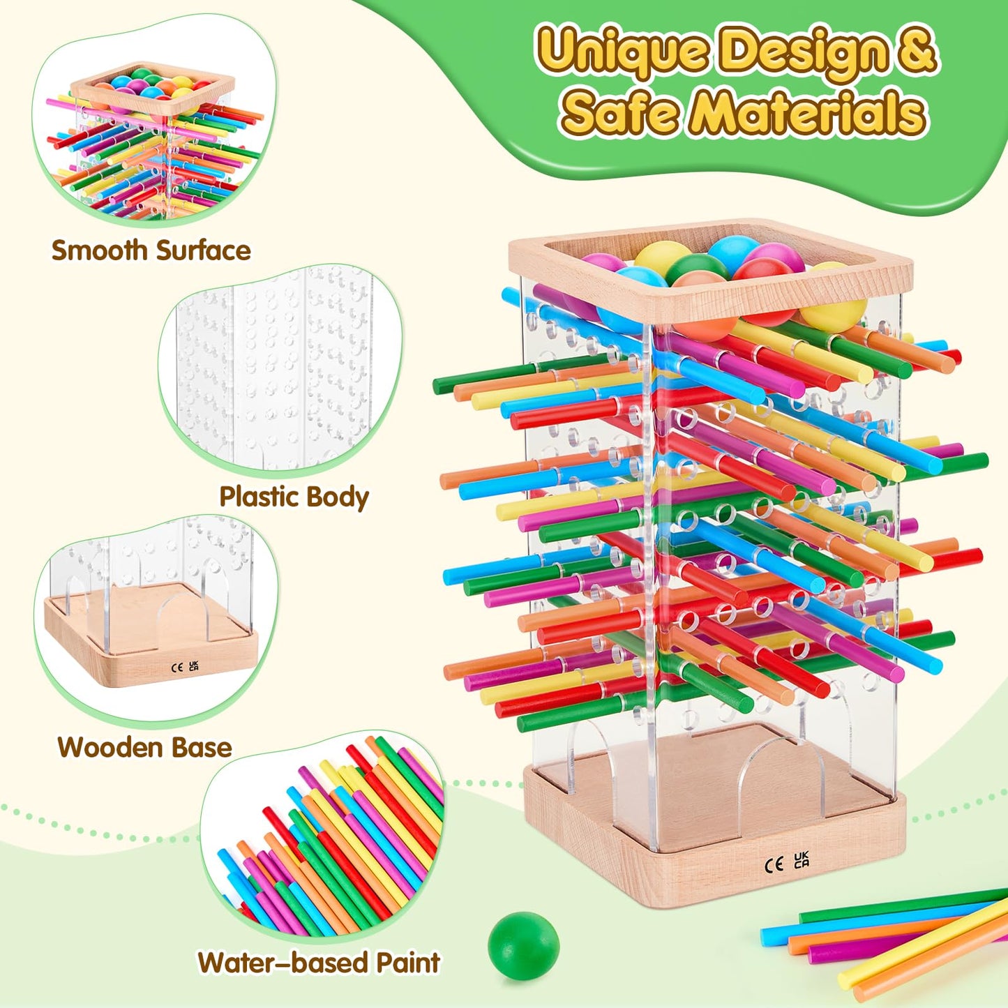 WhimsiPlay Montessori Wooden Board Games – 48 Colorful Sticks, 12 Balls, Family Learning Toy