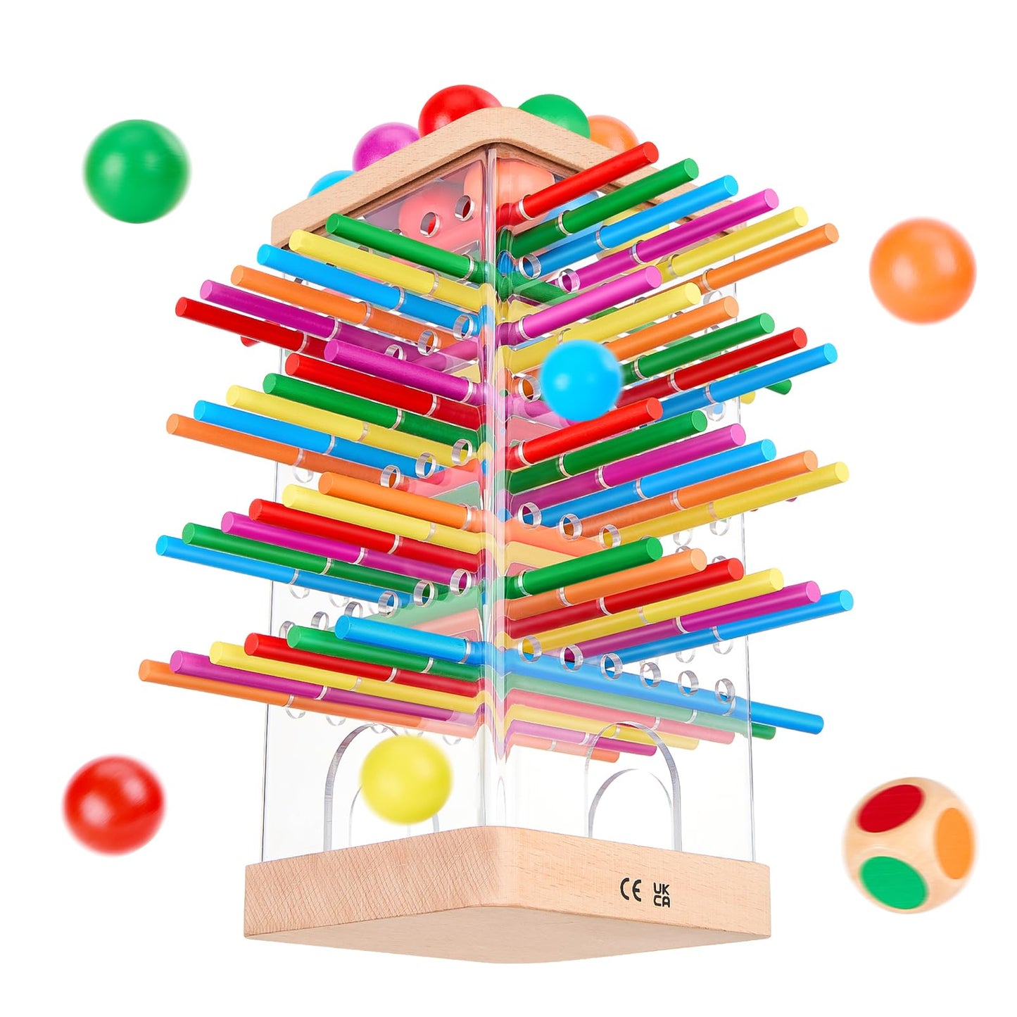 WhimsiPlay Montessori Wooden Board Games – 48 Colorful Sticks, 12 Balls, Family Learning Toy