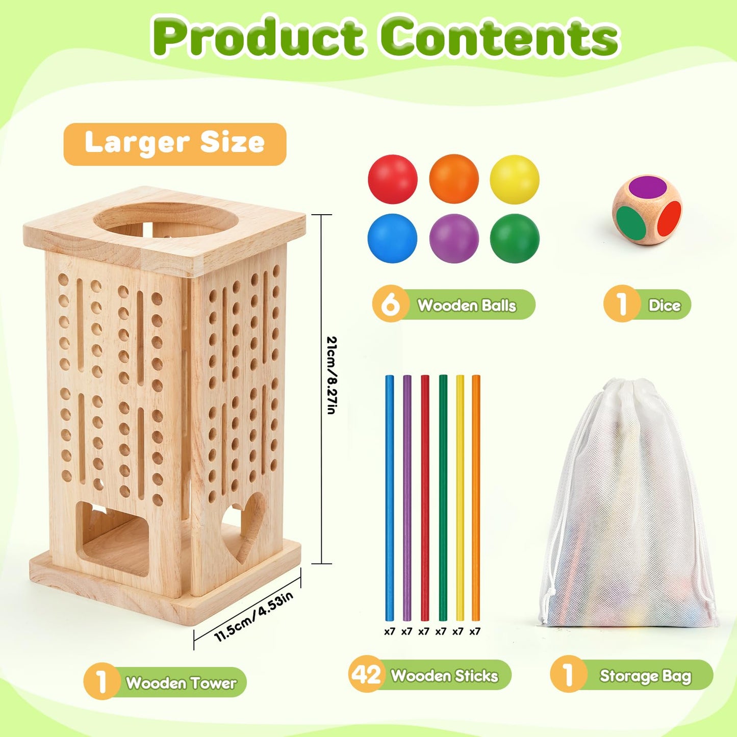 WhimsiPlay Montessori Wooden Board Games – 42 Colorful Sticks & Tower for 3-6 Year Olds