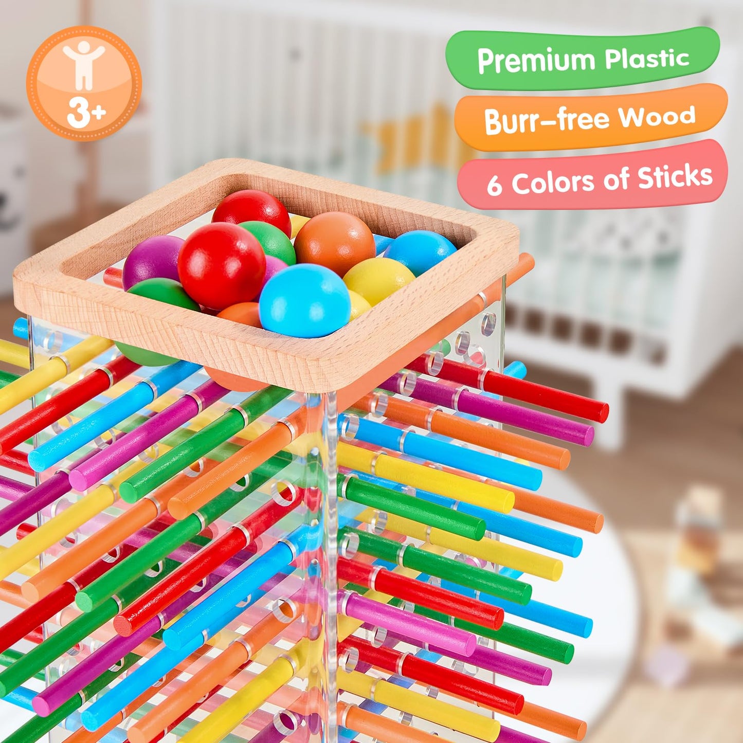 WhimsiPlay Montessori Wooden Board Games – 48 Colorful Sticks, 12 Balls, Family Learning Toy