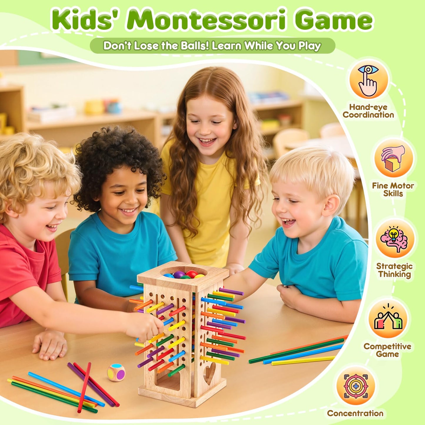 WhimsiPlay Montessori Wooden Board Games – 42 Colorful Sticks & Tower for 3-6 Year Olds