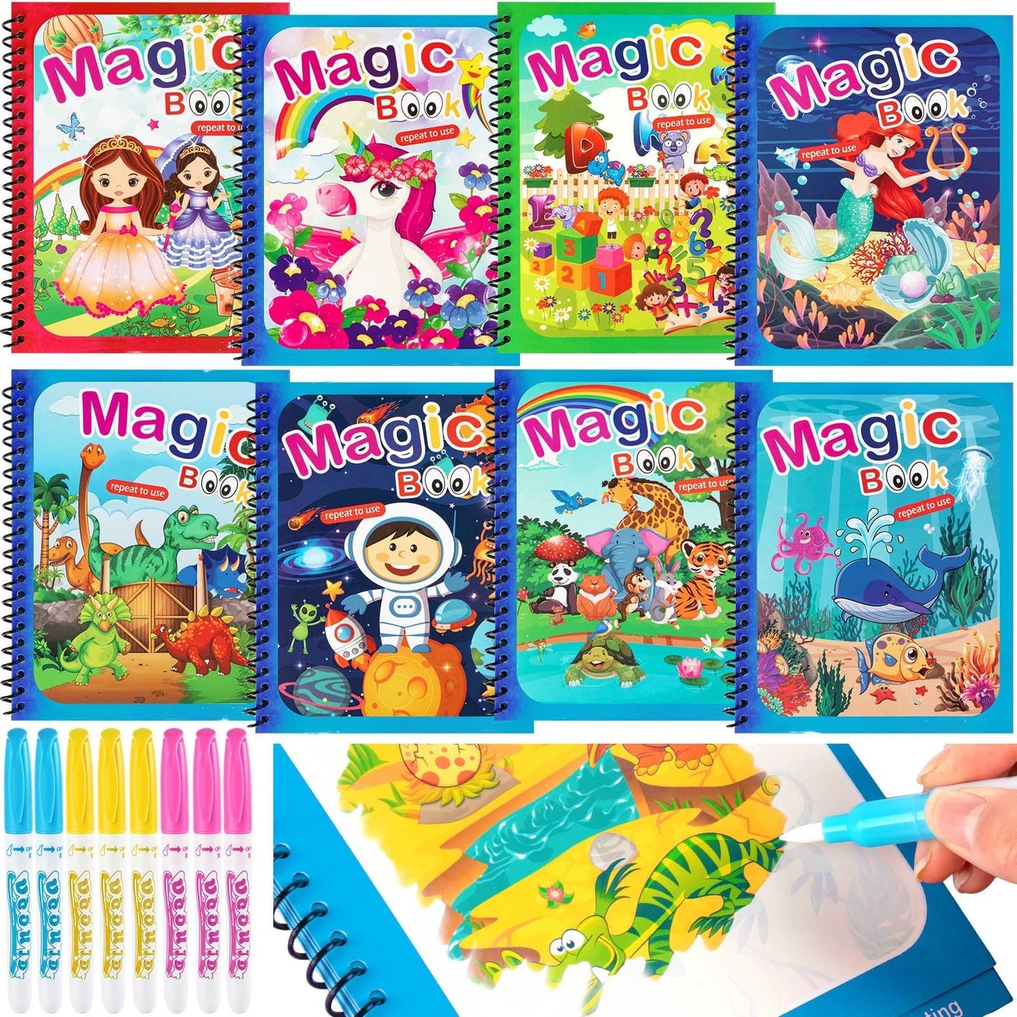 WhistenFla 8 Pack Water Coloring Books for Toddlers – Reusable Water Painting with Dinosaur, Princess, Astronaut & More