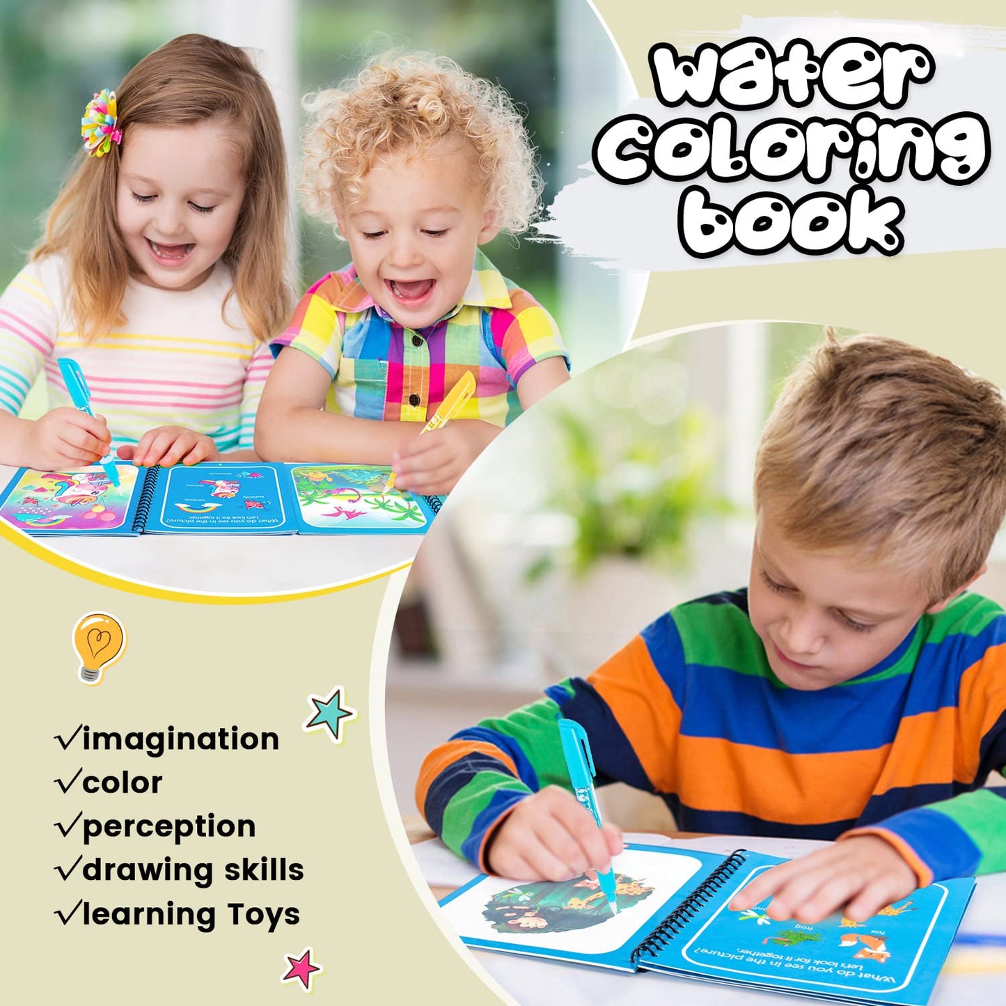 WhistenFla 8 Pack Water Coloring Books for Toddlers – Reusable Water Painting with Dinosaur, Princess, Astronaut & More
