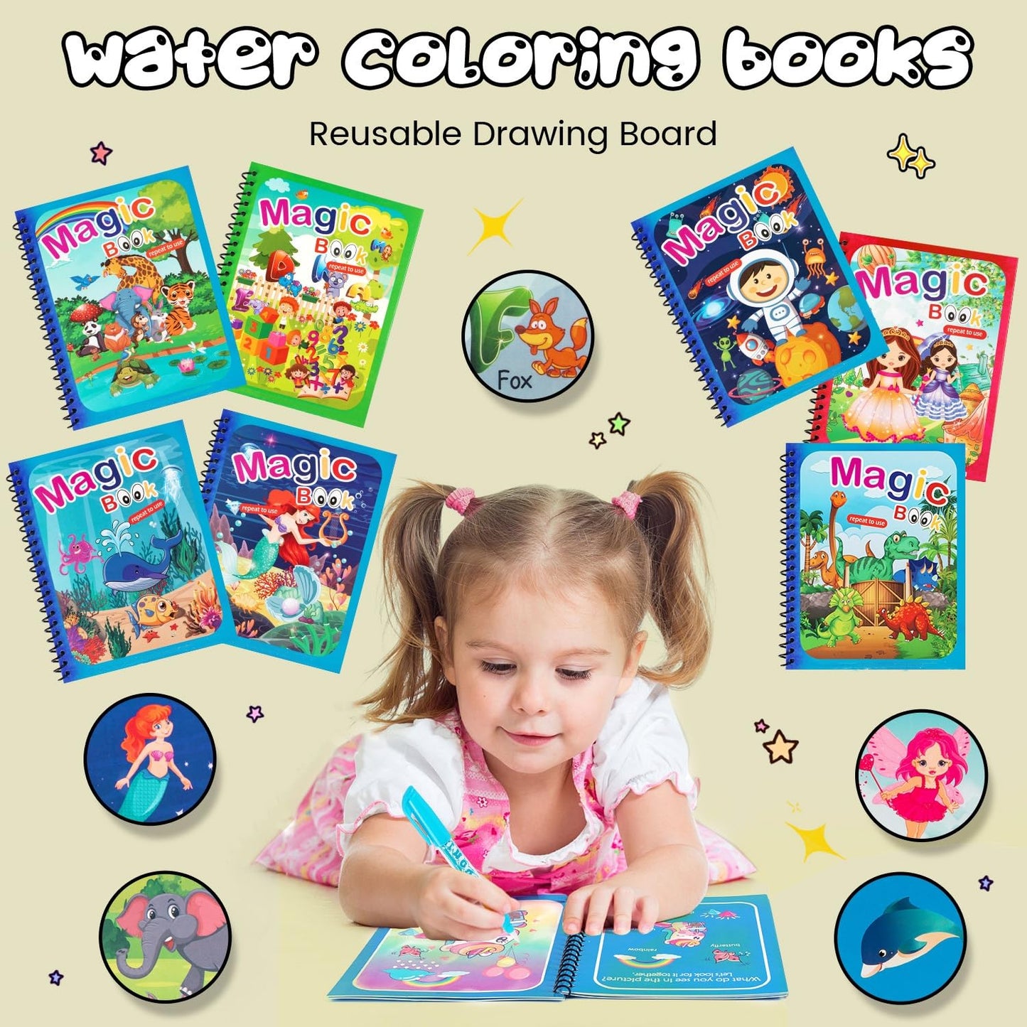 WhistenFla 8 Pack Water Coloring Books for Toddlers – Reusable Water Painting with Dinosaur, Princess, Astronaut & More